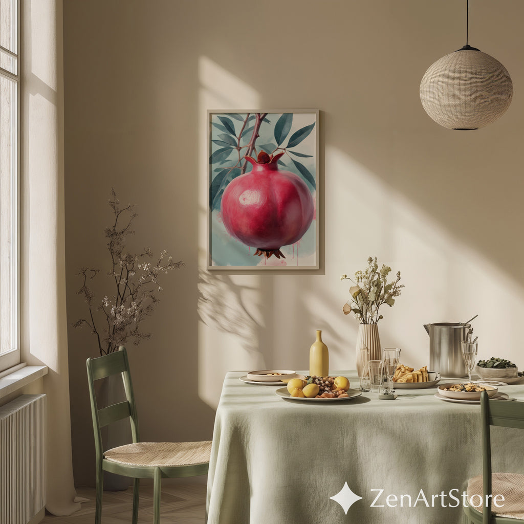 Pomegranate Wall Art Print - Botanical Fruit Still Life, Modern Minimalist Kitchen & Dining Decor, Japandi Wabi Sabi Scandi Style