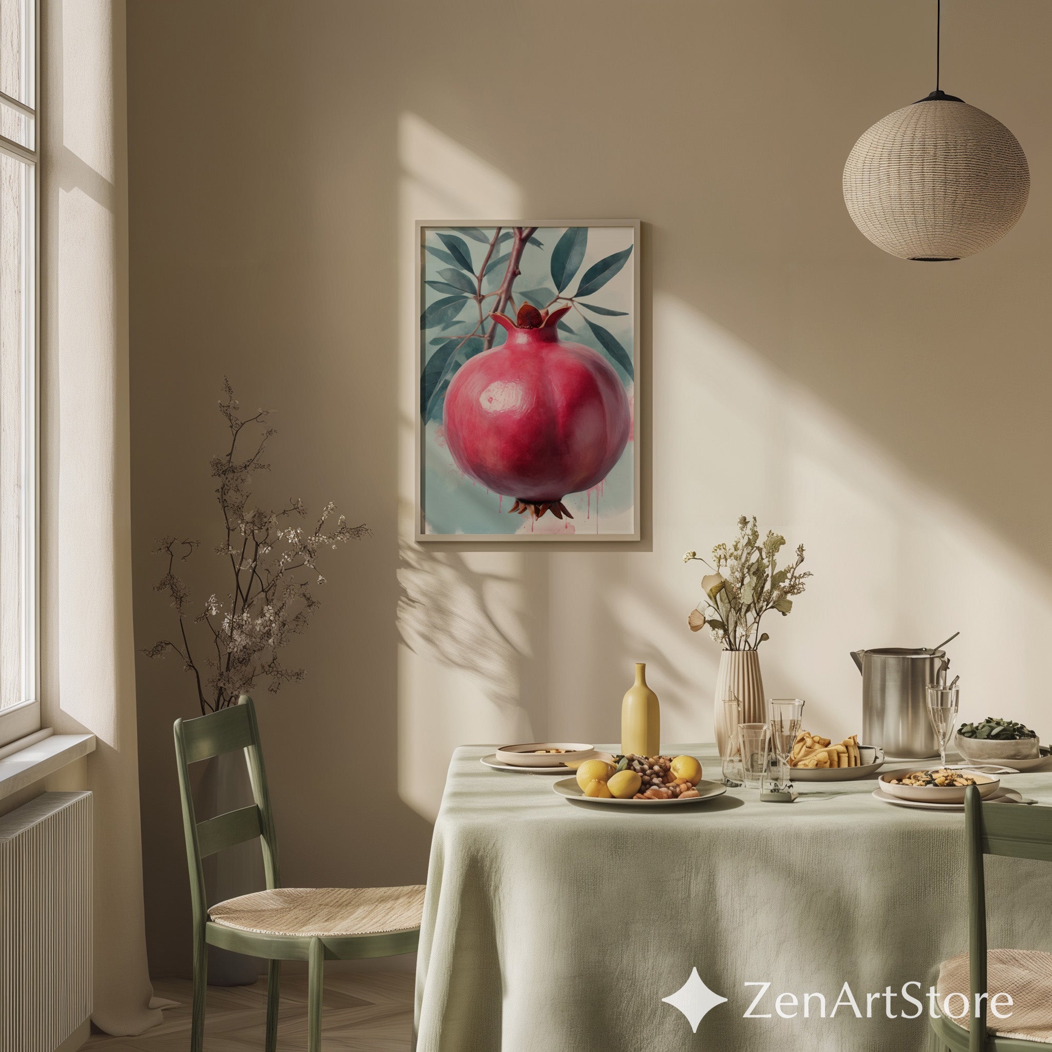 Pomegranate Wall Art Print - Botanical Fruit Still Life, Modern Minimalist Kitchen & Dining Decor, Japandi Wabi Sabi Scandi Style