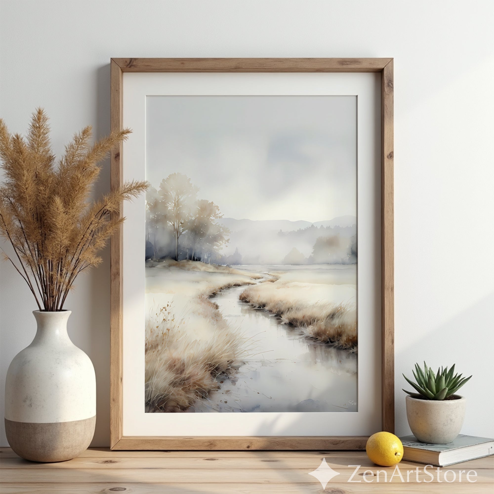 Misty Marsh Watercolor Print - Neutral Beige Landscape Wall Art, Japandi Scandinavian Minimal Home Decor