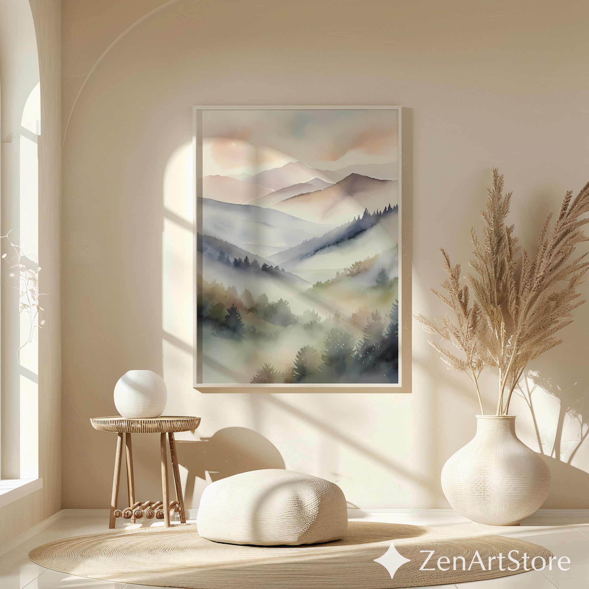 Misty Mountain Watercolor Print – Neutral Minimal Landscape Wall Art for Japandi, Scandinavian & Boho Homes