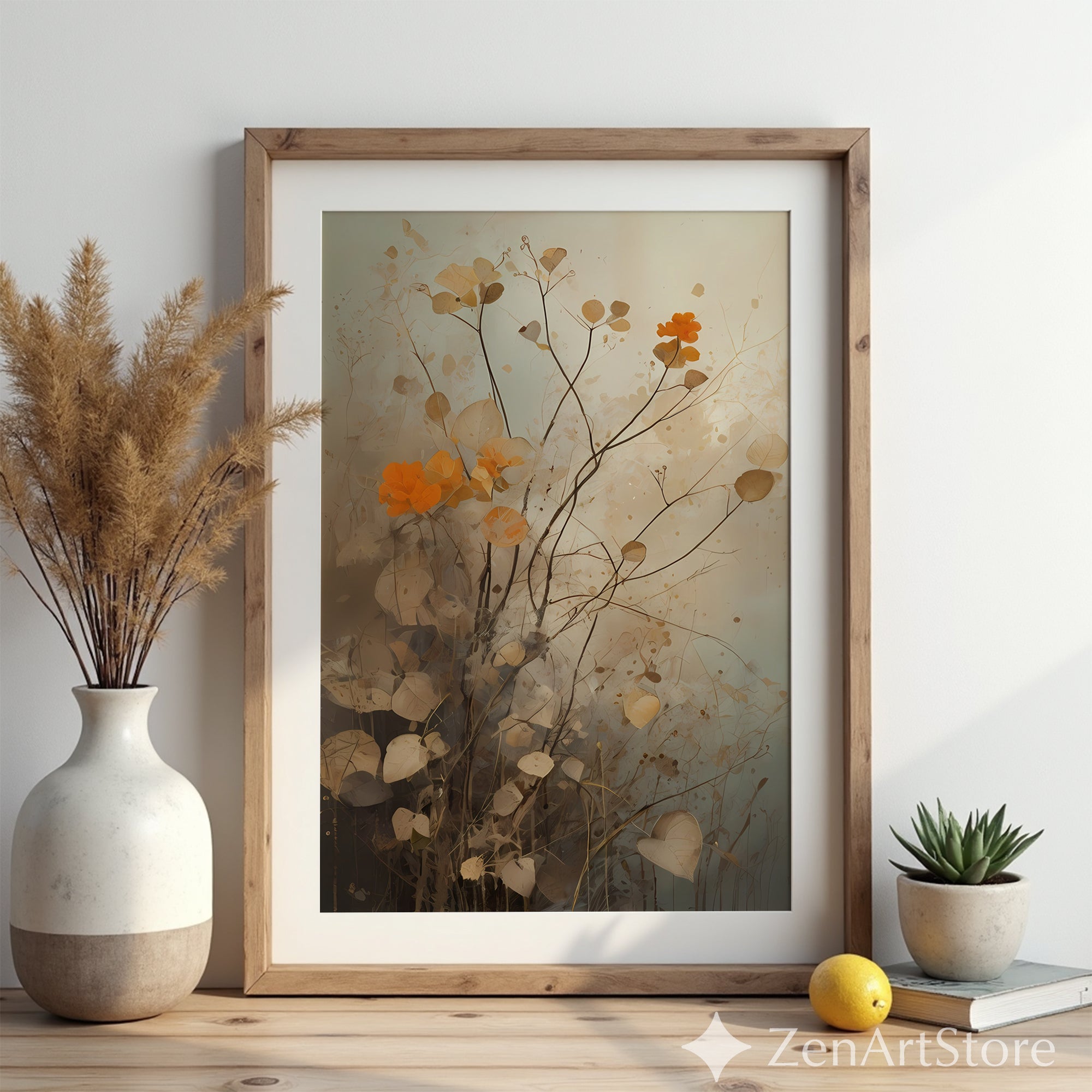 Neutral Botanical Wall Art with Orange Accent – Minimal Abstract Floral Print for Japandi, Wabi Sabi & Scandinavian Home Decor