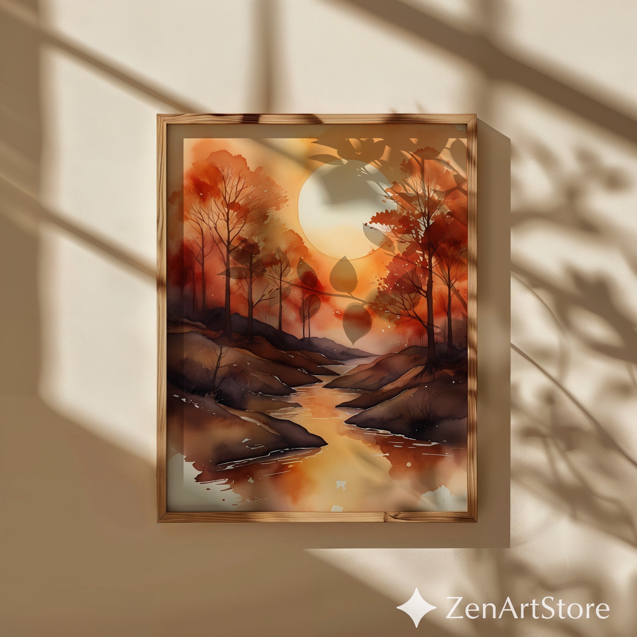 Autumn Watercolor Landscape Print - Orange Sunset River Wall Art, Minimal Boho Japandi Home Decor