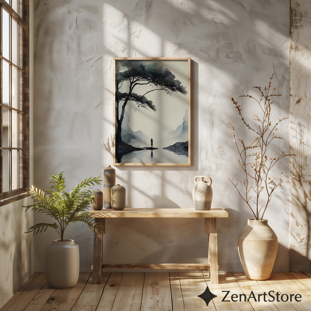 Misty Sumi-e Landscape Print - Zen Minimalist Tree & Solitary Figure Japandi Neutral Wall Art