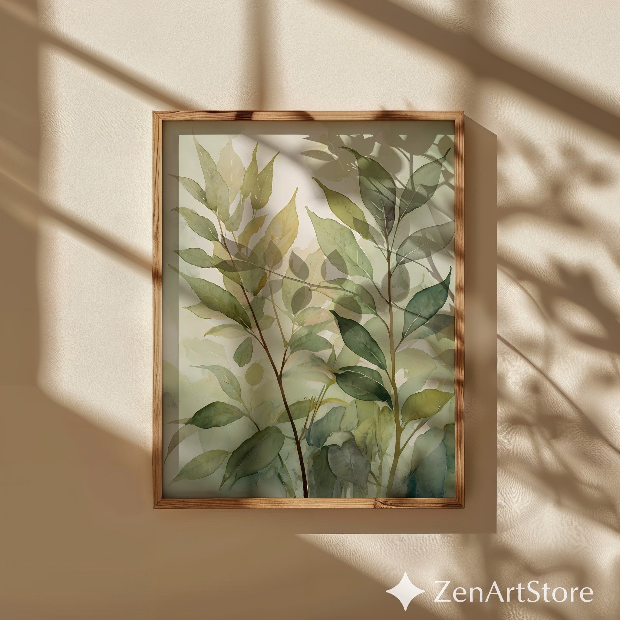Soft Green Botanical Watercolor Print - Neutral Leaf Wall Art for Japandi, Scandinavian & Minimal Home Decor