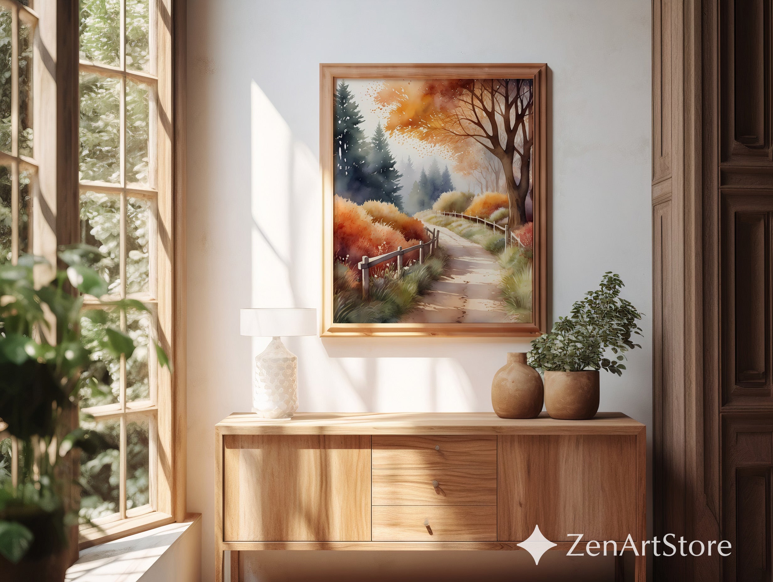 Autumn Path Watercolor Print - Fall Landscape Wall Art for Cozy Rustic, Japandi & Boho Home Decor