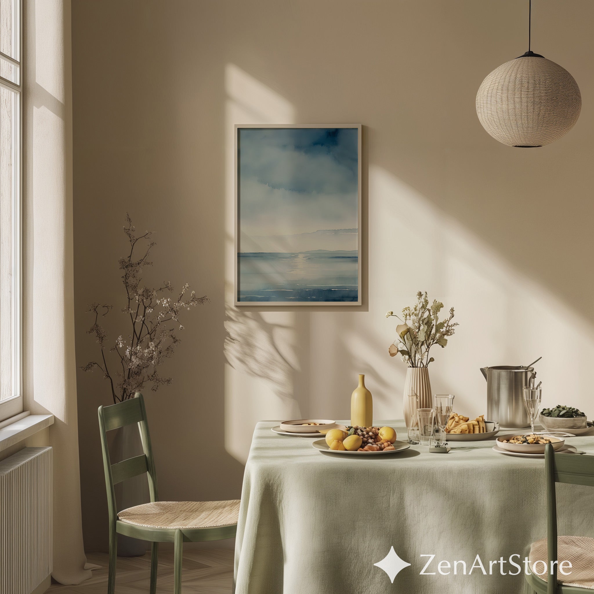 Calm Blue Seascape Watercolor Print - Minimal Coastal Wall Art for Living Room, Beach House, Japandi Decor