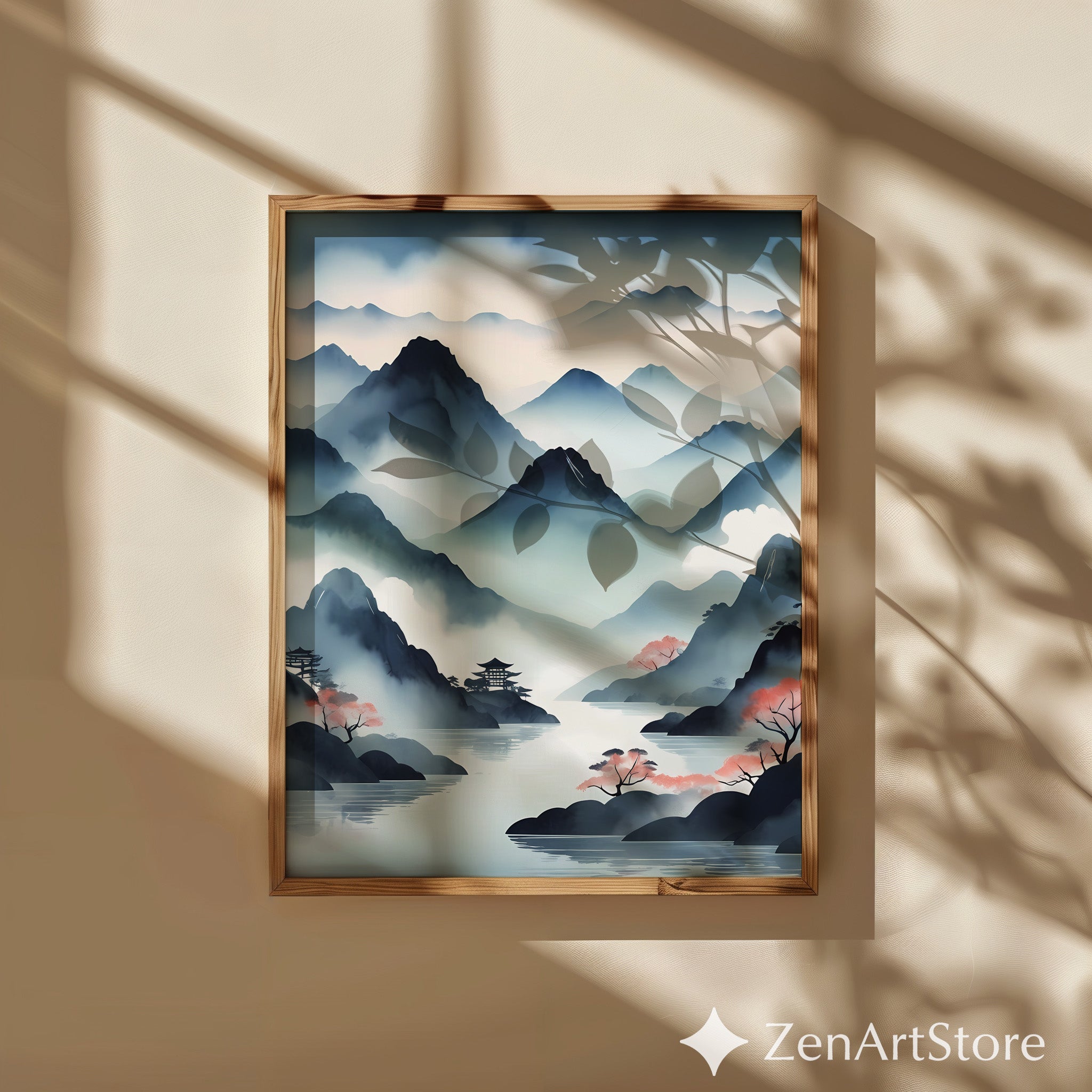 Misty Mountain Japanese Landscape Print - Zen Japandi Watercolor Wall Art for Living Room