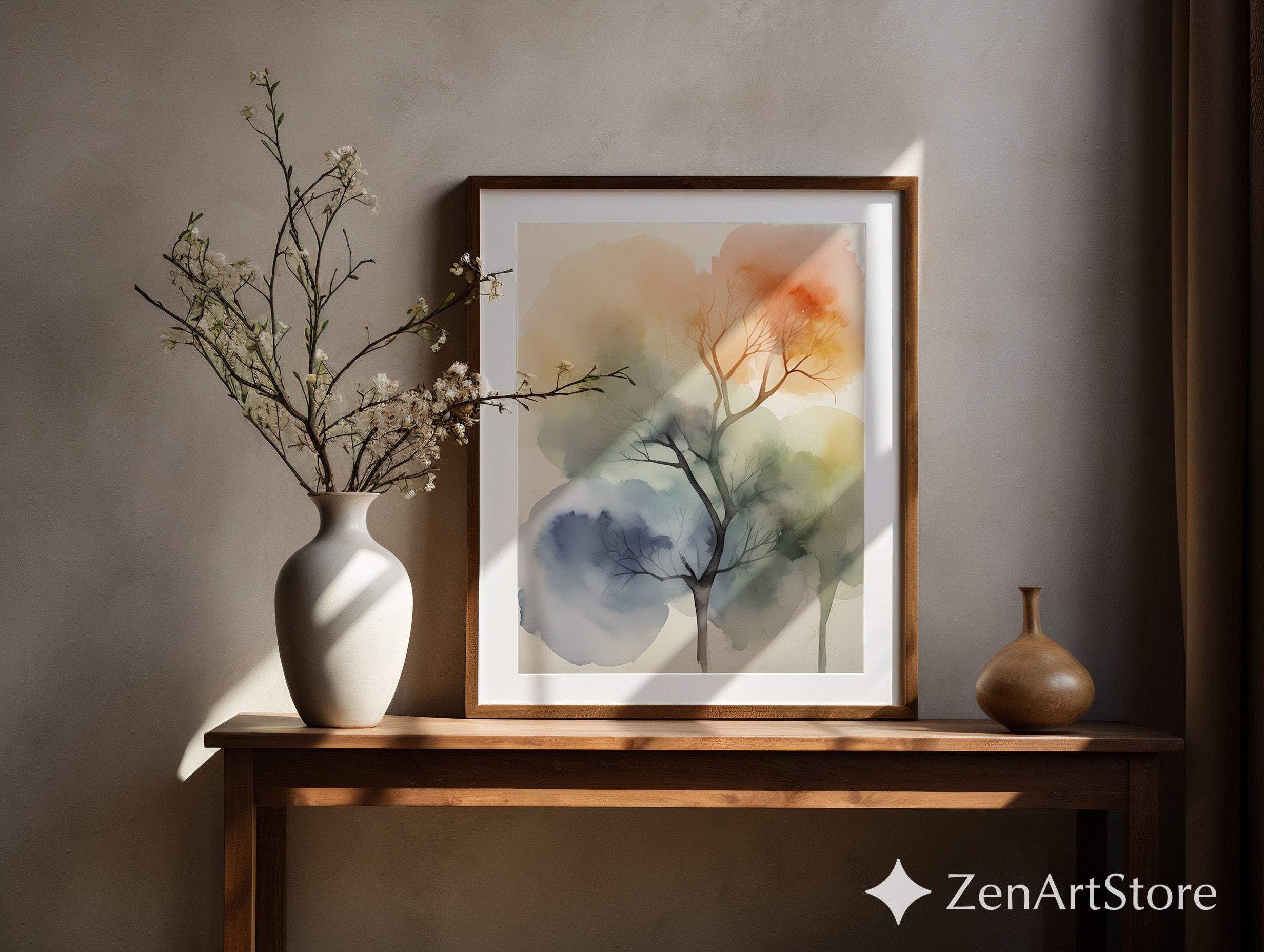 Watercolor Tree Art Print - Neutral Abstract Botanical Wall Art in Beige Blue Orange - Minimal Zen Japandi Home Decor