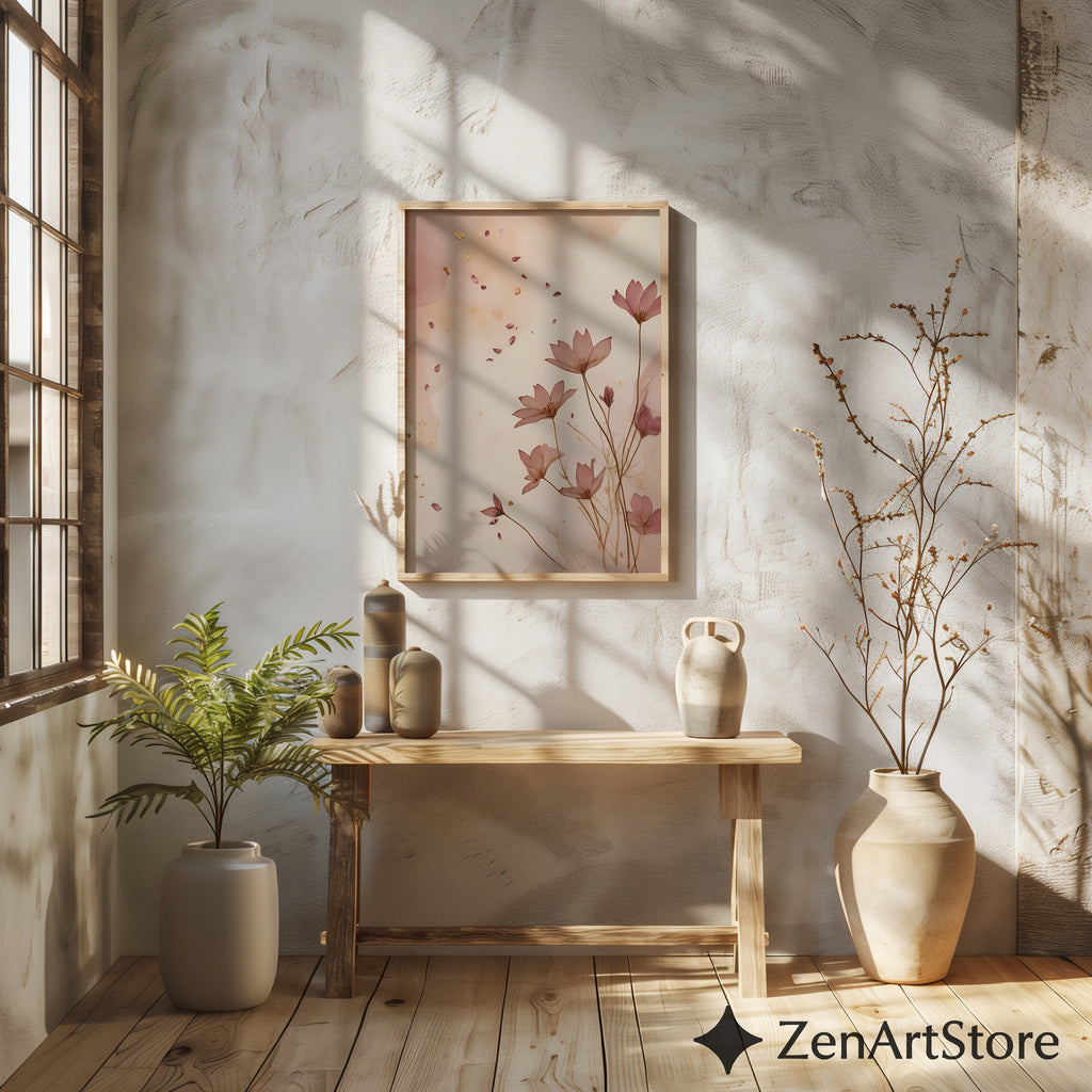 Blush Floral Wall Art Print - Minimal Botanical Line Art, Neutral Japandi Home Decor, Pink Beige Abstract Flower Poster