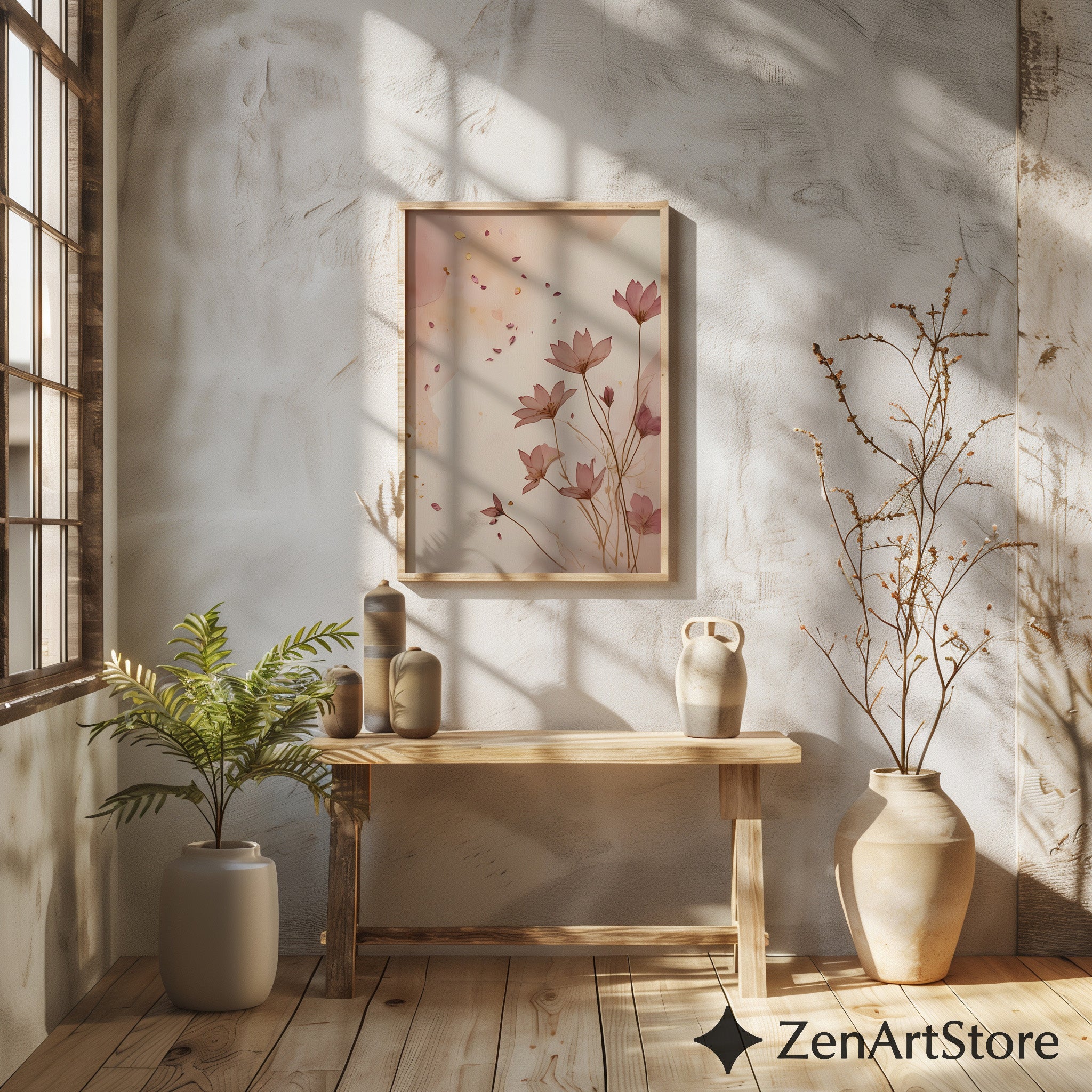 Blush Floral Wall Art Print - Minimal Botanical Line Art, Neutral Japandi Home Decor, Pink Beige Abstract Flower Poster