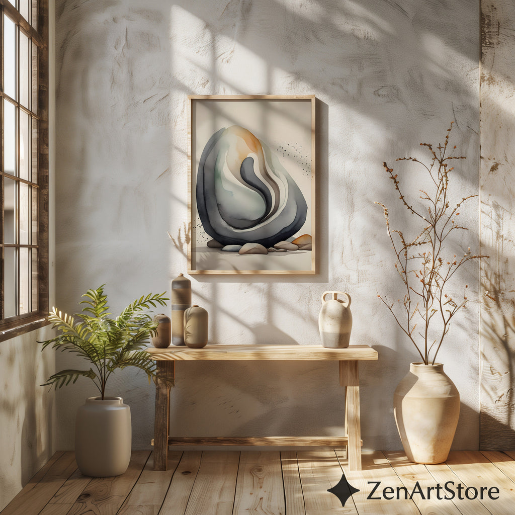 Abstract Neutral Stone Layers Wall Art - Minimal Japandi Wabi Sabi Print, Beige Black Earth Tone Home Decor