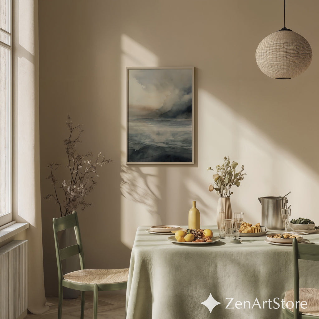 Neutral Abstract Seascape Wall Art - Minimal Coastal Watercolor Print, Calm Japandi Wabi Sabi Landscape for Living Room