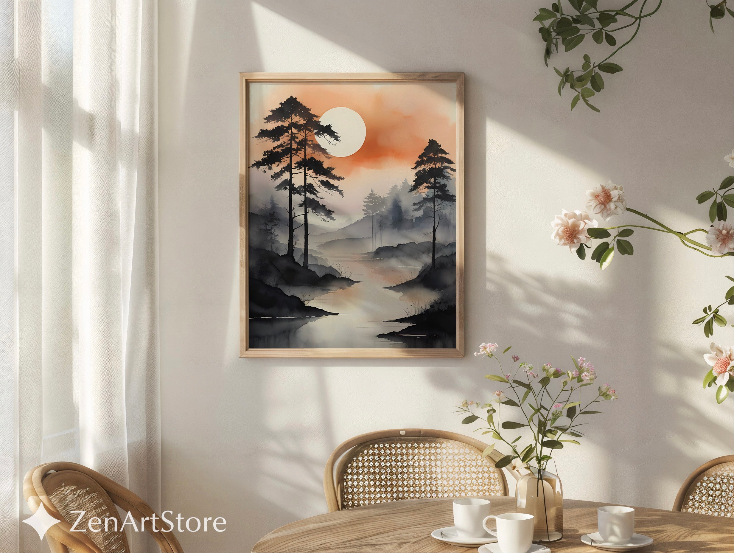 Misty River Landscape Wall Art - Zen Japandi Minimal Sunset Print, Neutral Wabi Sabi Home Decor
