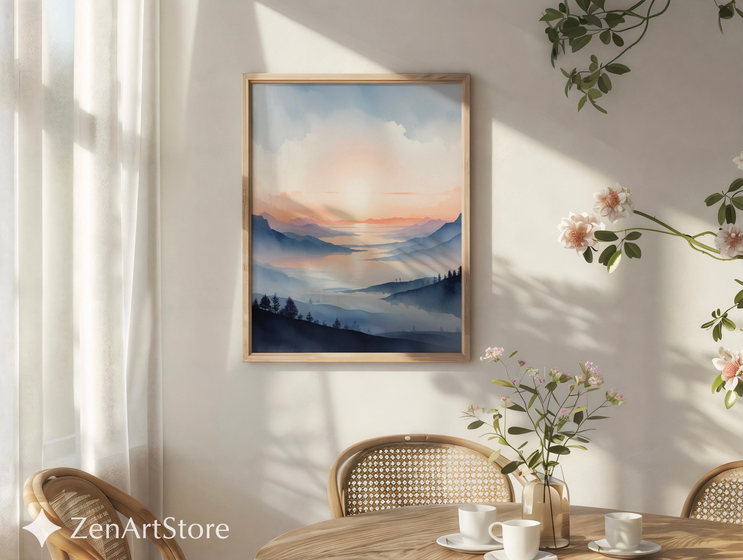 Misty Mountain Sunrise Wall Art Print - Calm Japandi Landscape Minimal Zen Home Decor