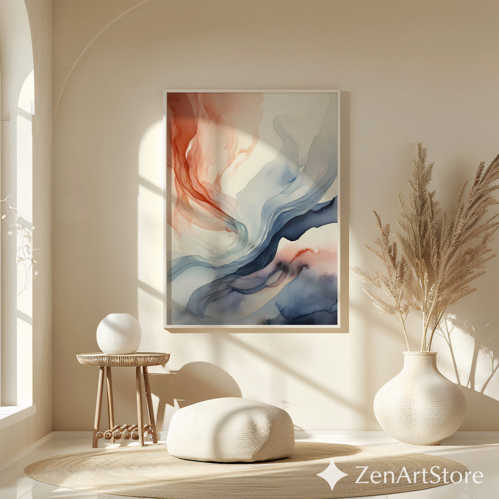 Abstract Fluid Art Print Terracotta and Blue - Minimal Japandi Wall Art, Neutral Modern Home Decor