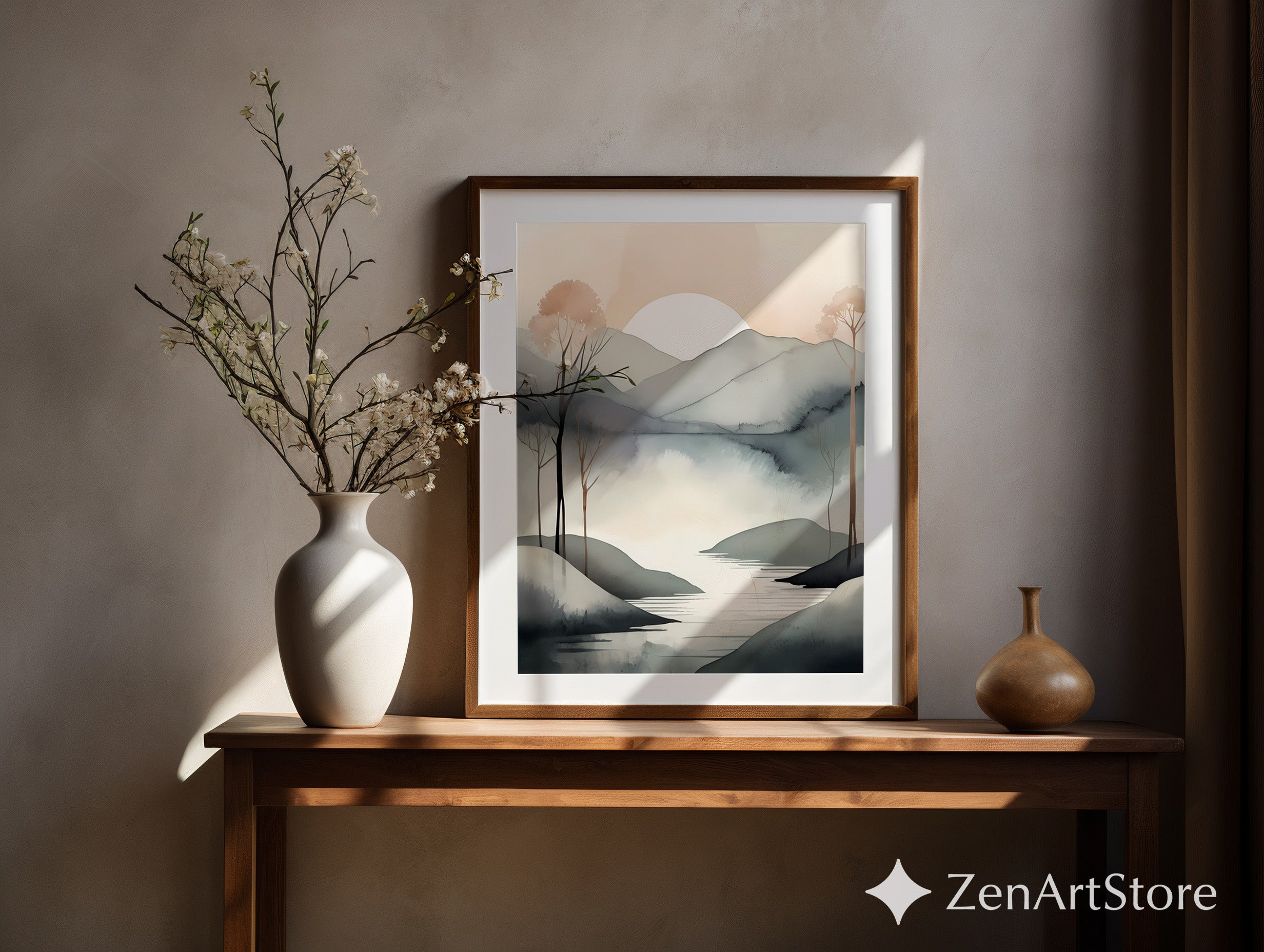 Serene Minimalist Landscape Wall Art - Neutral Watercolor Mountains & Lake - Japandi Wabi-Sabi Scandinavian Home Decor Print