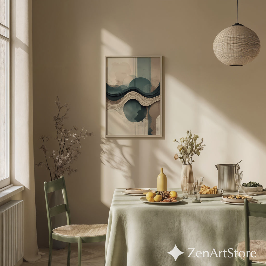 Layered Abstract Landscape Wall Art - Japandi Teal Beige Minimalist Print for Living Room & Bedroom