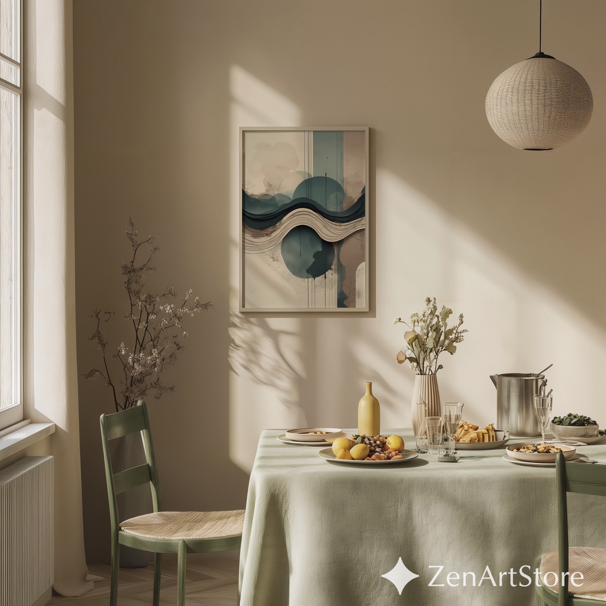 Layered Abstract Landscape Wall Art - Japandi Teal Beige Minimalist Print for Living Room & Bedroom