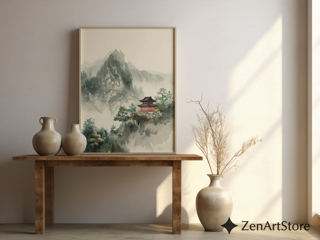 Zen Mountain Pagoda Art Print - Minimal Japanese Sumi-e Landscape, Japandi Wall Art for Calming Neutral Home Decor