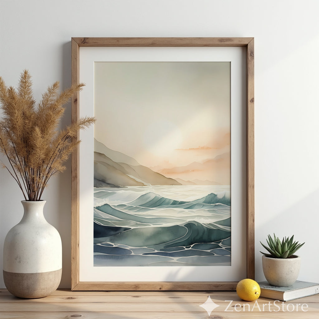 Calm Coastal Sunrise Seascape - Minimal Japandi Ocean Wall Art, Neutral Beige & Blue Landscape Print for Living Room