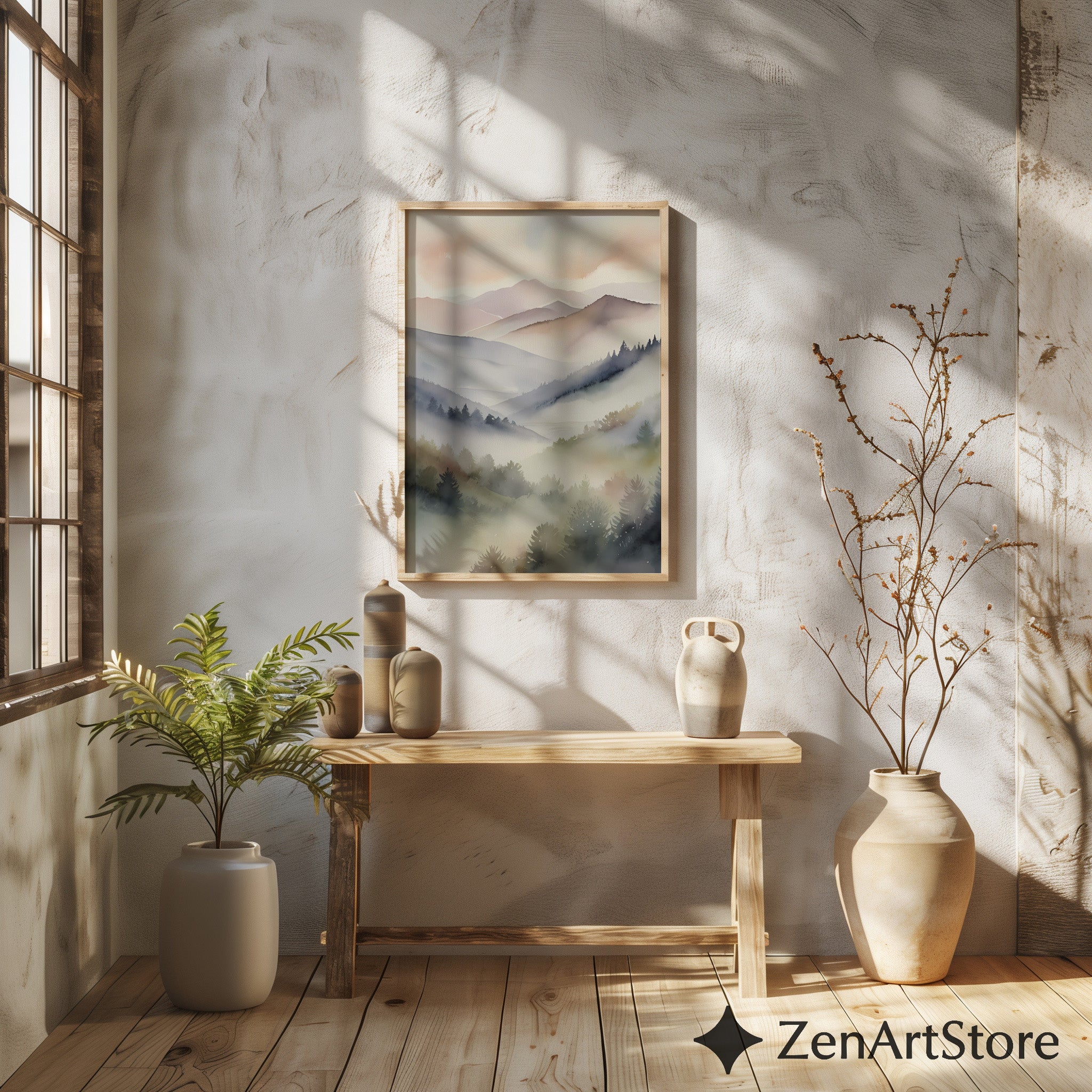 Misty Mountain Watercolor Print – Neutral Minimal Landscape Wall Art for Japandi, Scandinavian & Boho Homes