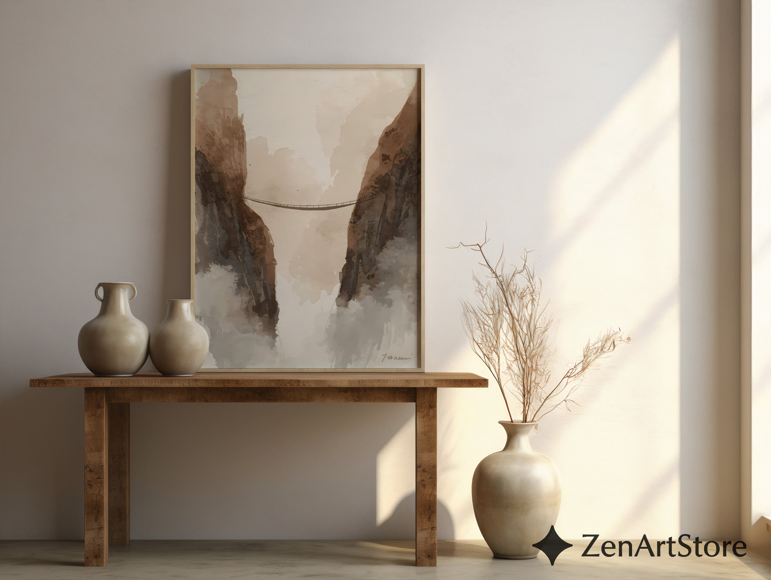 Neutral Mountain Bridge Watercolor Print – Minimal Japandi Wabi Sabi Wall Art for Living Room