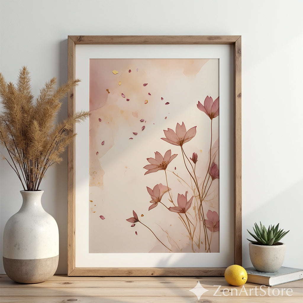 Blush Floral Wall Art Print - Minimal Botanical Line Art, Neutral Japandi Home Decor, Pink Beige Abstract Flower Poster