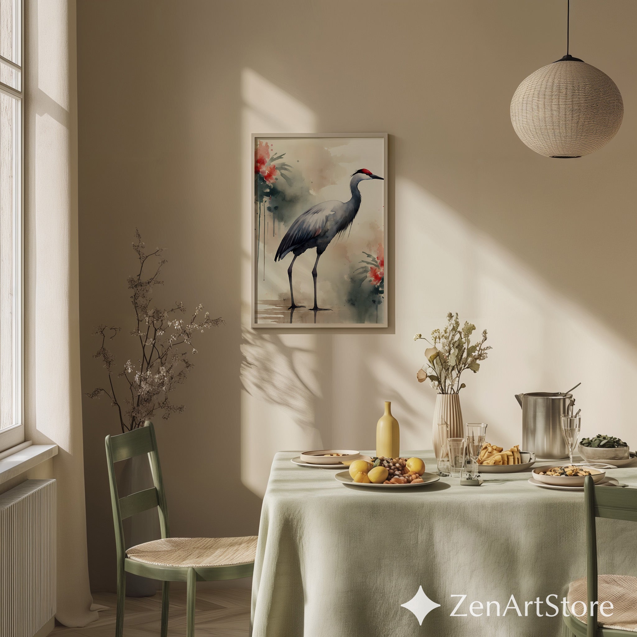 Watercolor Crane Wall Art Print - Japandi Wabi Sabi Heron Painting, Neutral Zen Botanical Home Decor