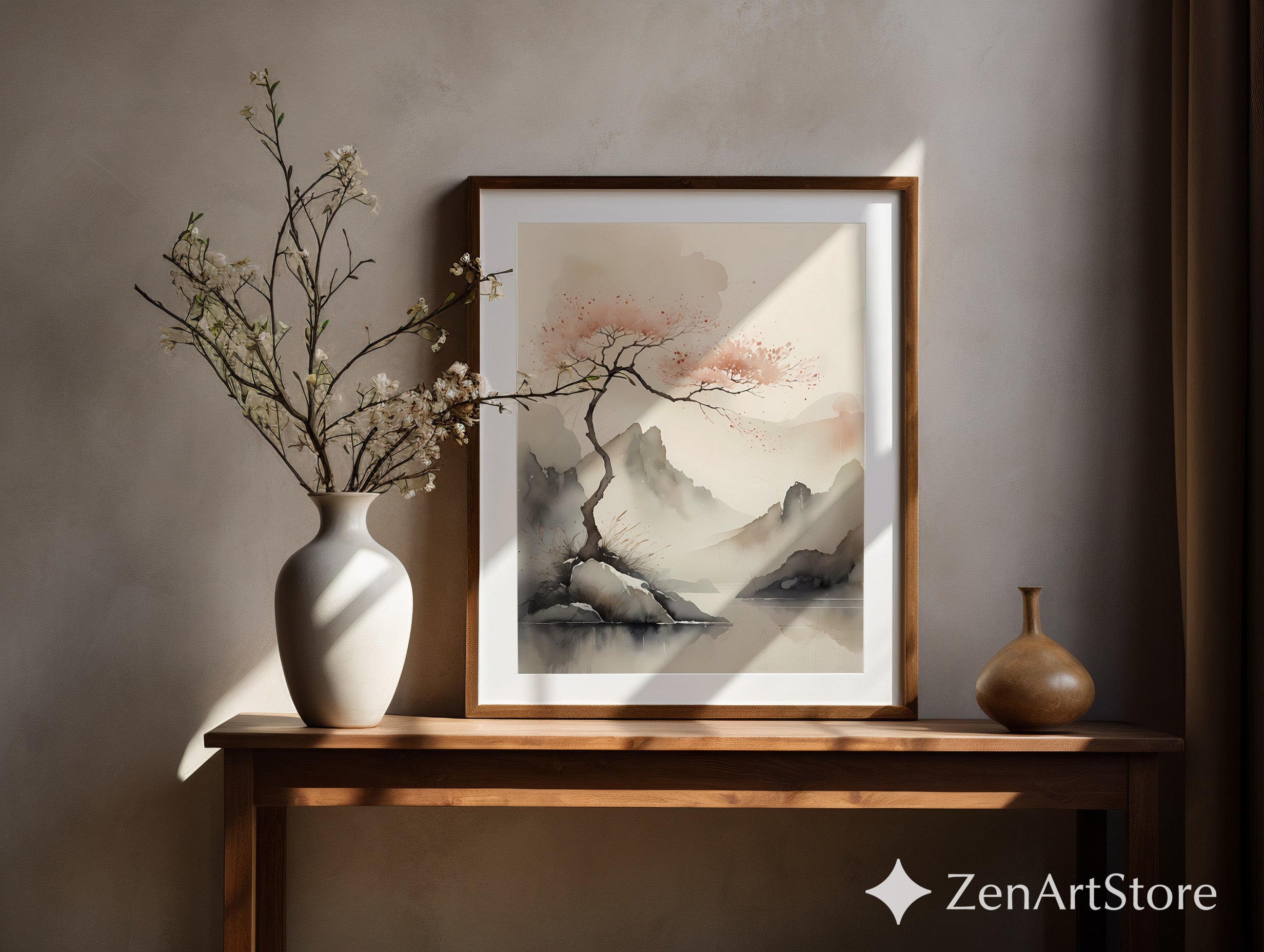 Serene Japandi Watercolor Landscape Print - Minimal Cherry Blossom Tree, Zen Wabi Sabi Wall Art for Living Room