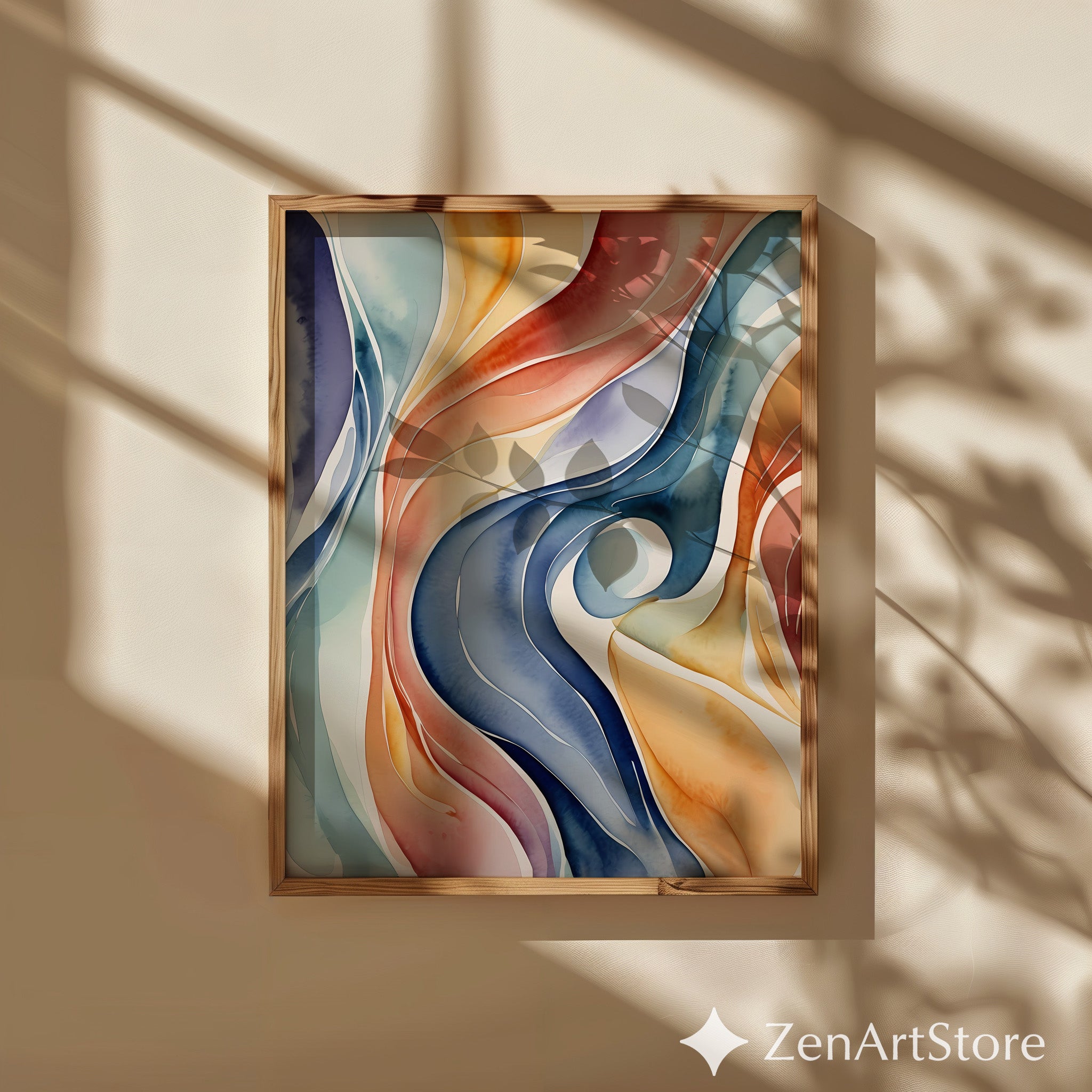 Fluid Watercolor Abstract Wall Art - Calming Organic Waves in Blue Coral Mustard - Modern Mid Century Boho Home Decor Print