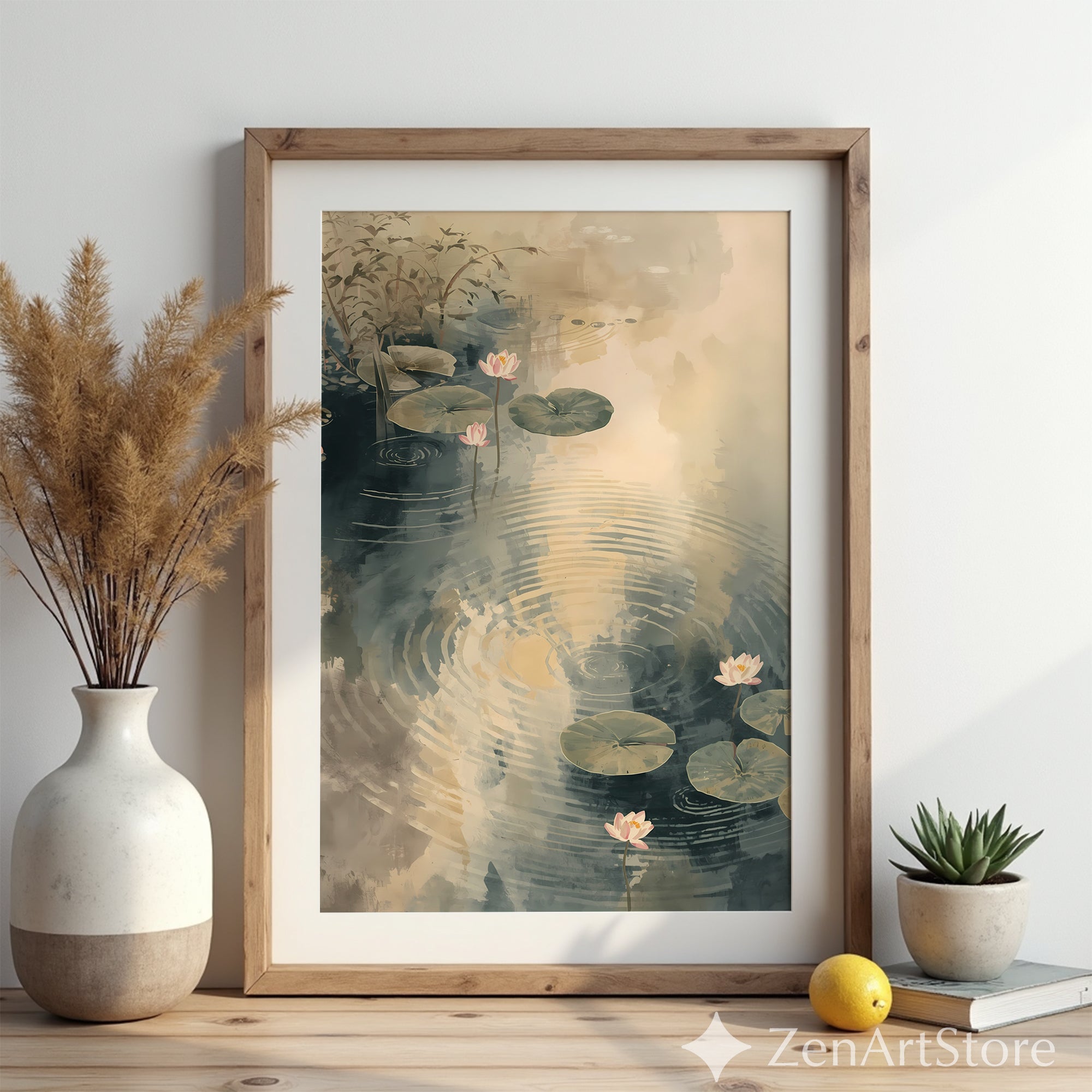 Serene Lotus Pond Watercolor Print - Zen Minimal Botanical Wall Art, Neutral Beige & Blue-Gray Japandi Home Decor