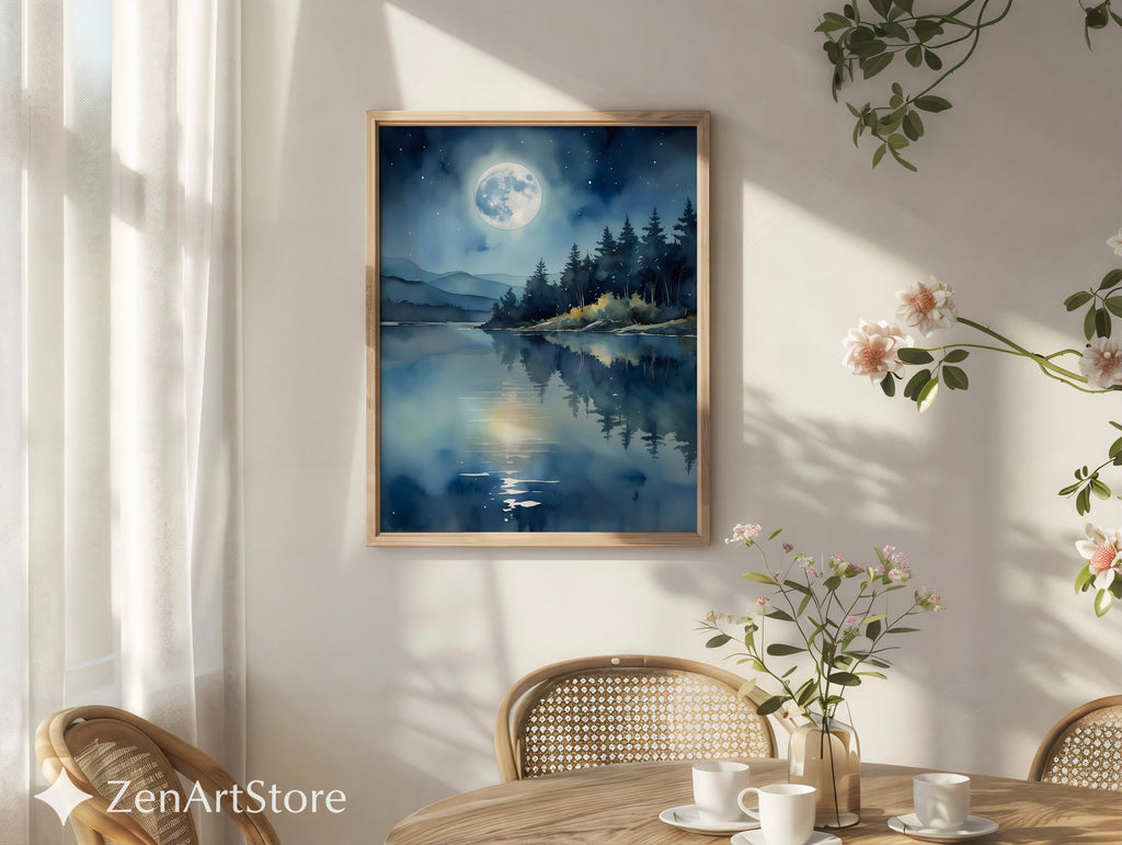 Moonlight Lake Wall Art - Serene Blue Night Landscape Print, Minimal Zen Moon Reflection for Bedroom Living Room Decor