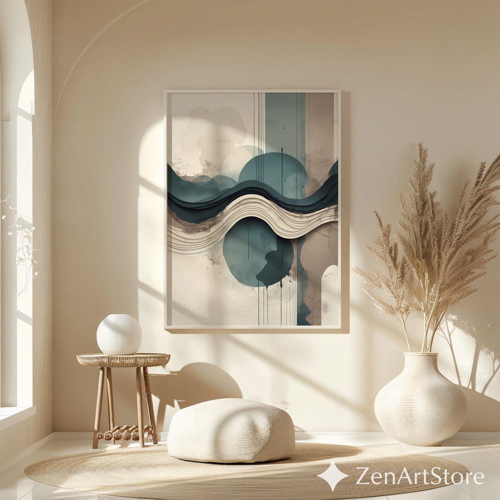 Layered Abstract Landscape Wall Art - Japandi Teal Beige Minimalist Print for Living Room & Bedroom