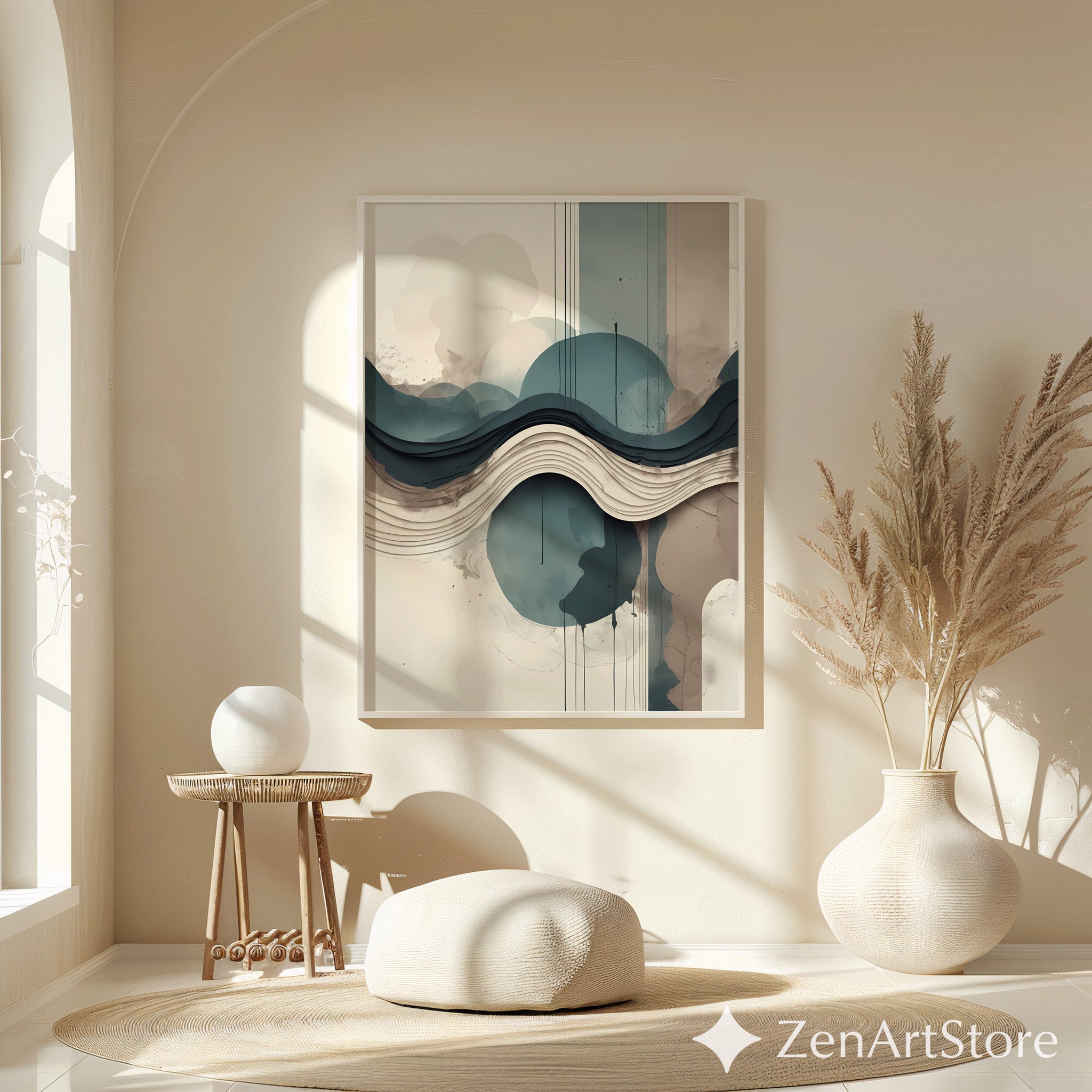 Layered Abstract Landscape Wall Art - Japandi Teal Beige Minimalist Print for Living Room & Bedroom
