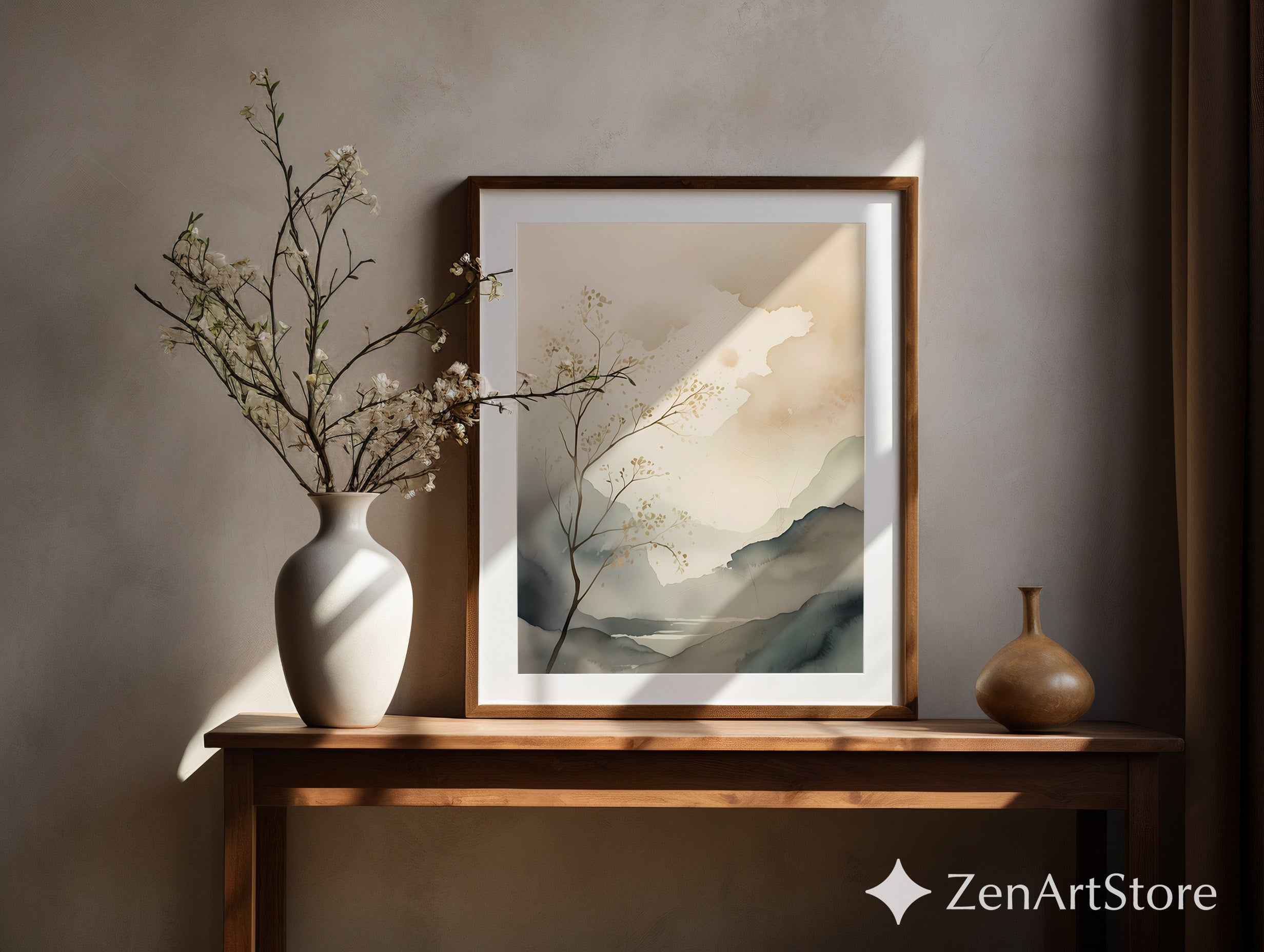 Calm Neutral Landscape Art Print - Minimal Japandi Wabi Sabi Botanical Wall Decor for Living Room & Bedroom
