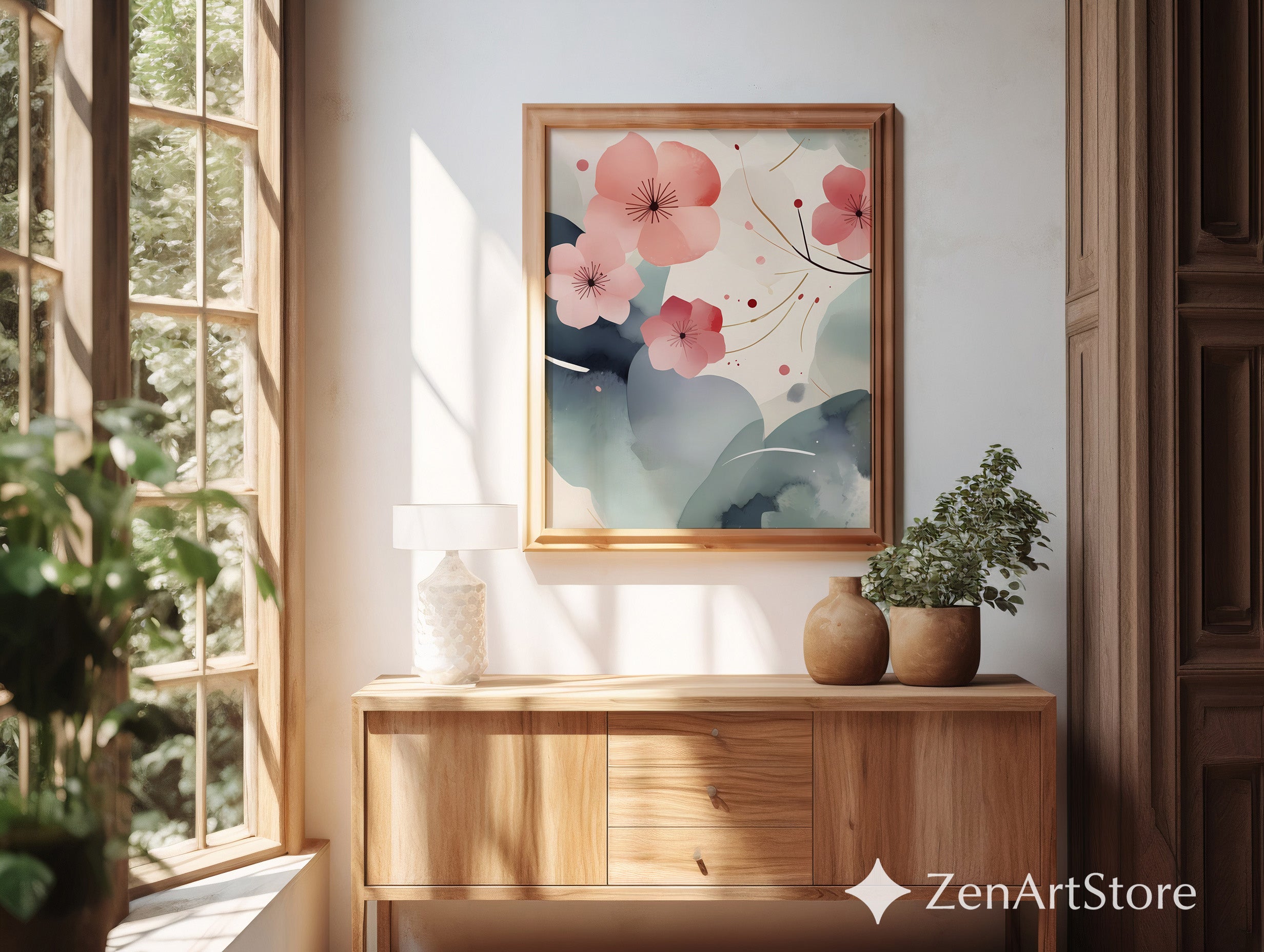 Zen Sakura Abstract Printable Wall Art - Minimal Japanese Cherry Blossom Calm Poster