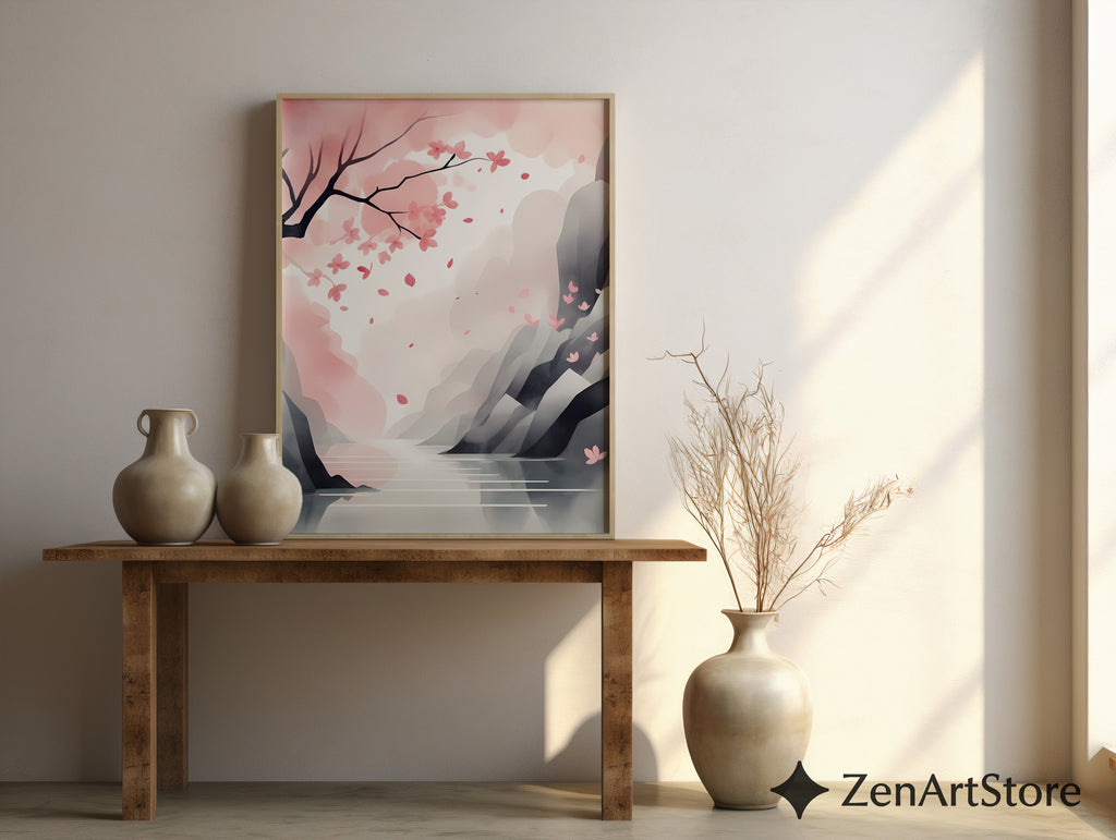 Cherry Blossom Landscape Print - Minimal Sakura Wall Art Pastel Pink Japandi Zen Print for Living Room Bedroom Nursery