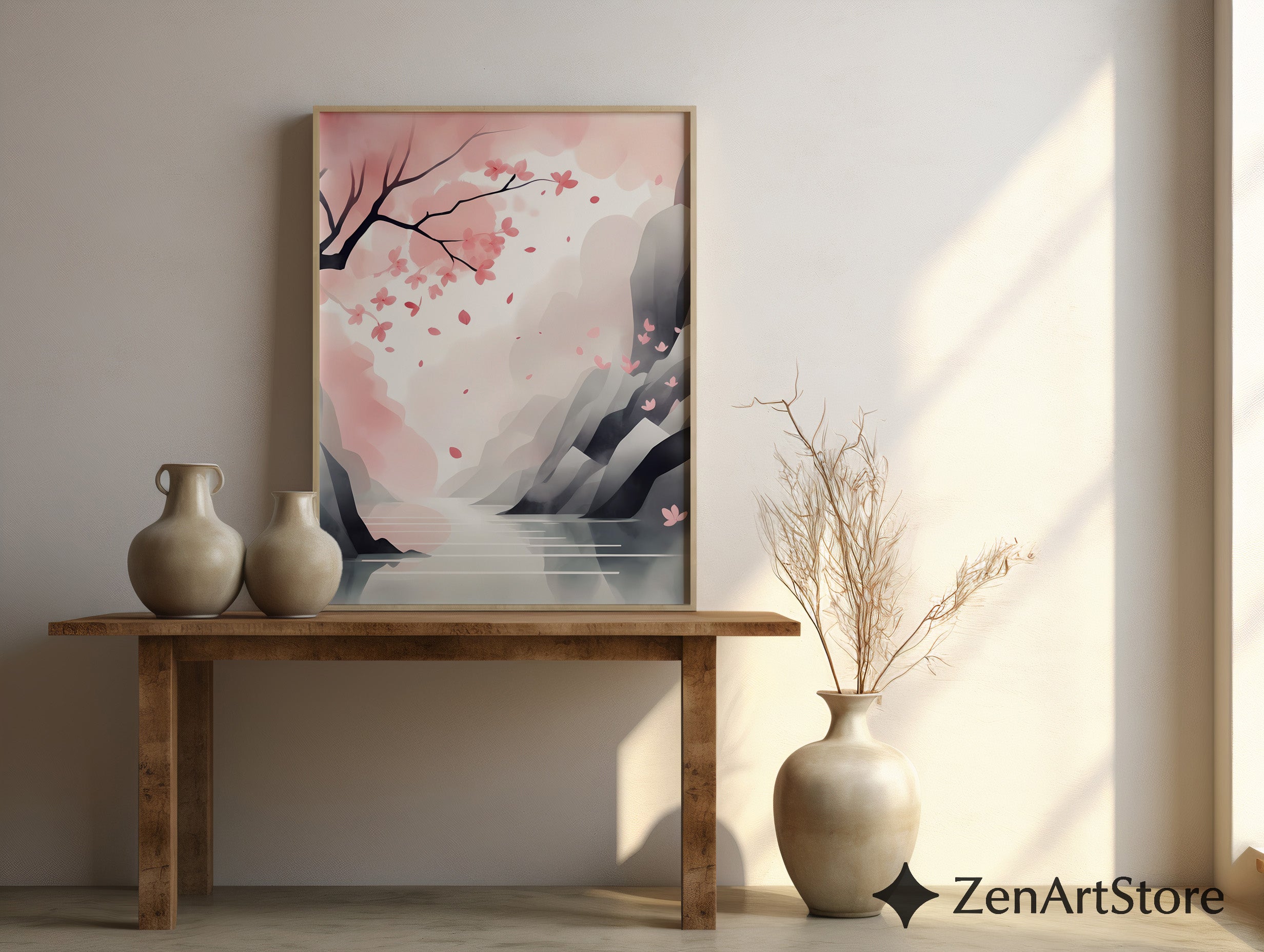 Cherry Blossom Landscape Print - Minimal Sakura Wall Art Pastel Pink Japandi Zen Print for Living Room Bedroom Nursery
