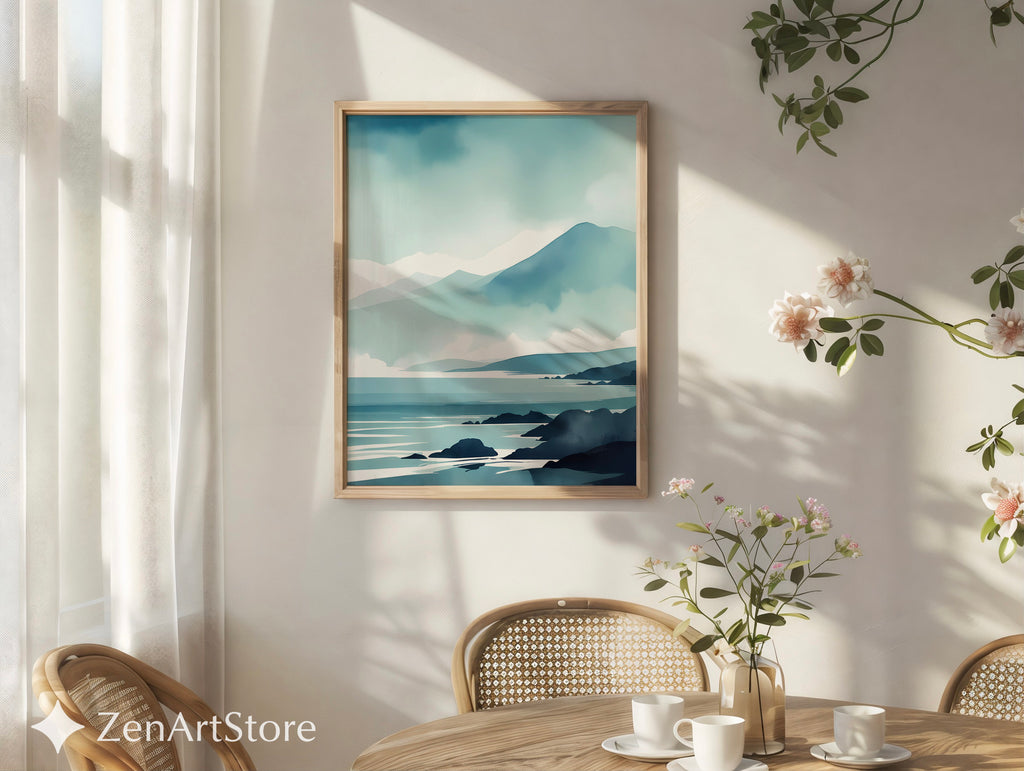 Minimal Blue Coastal Landscape Print - Serene Mountain Seascape Wall Art for Japandi & Scandinavian Homes