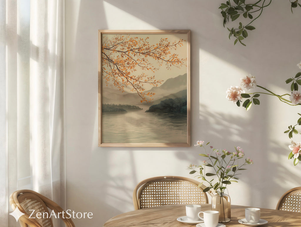 Autumn Lake Branch Wall Art - Neutral Japandi Landscape Print Minimal Zen Botanical Home Decor
