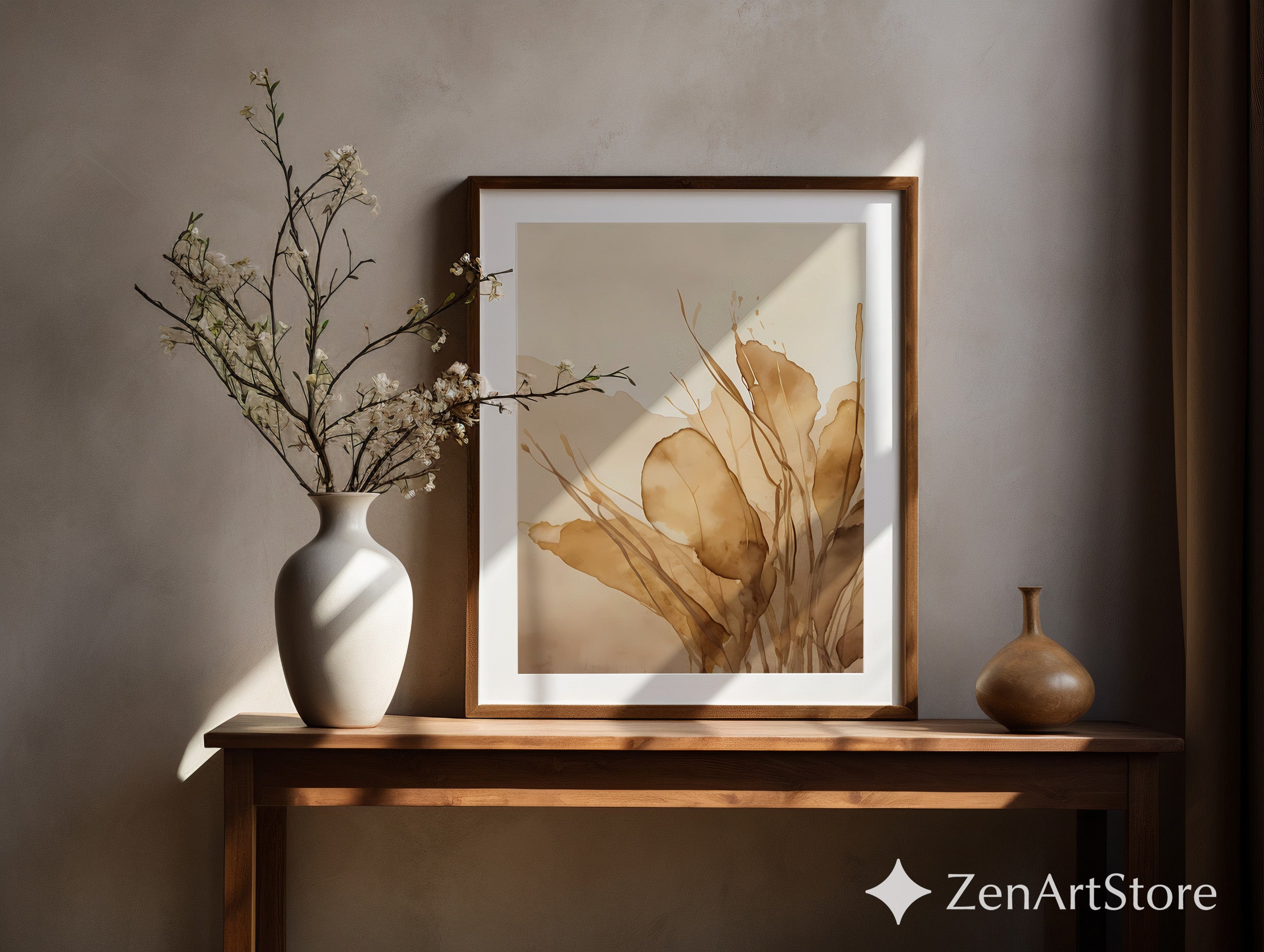 Neutral Botanical Wall Art Print - Beige Abstract Leaves Watercolor, Japandi Minimal Home Decor, Wabi Sabi Boho Poster