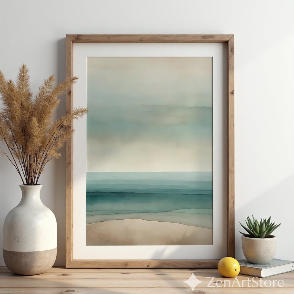 Minimal Coastal Seascape Print - Soft Teal & Beige Abstract Beach Wall Art, Zen Japandi Scandinavian Neutral Home Decor