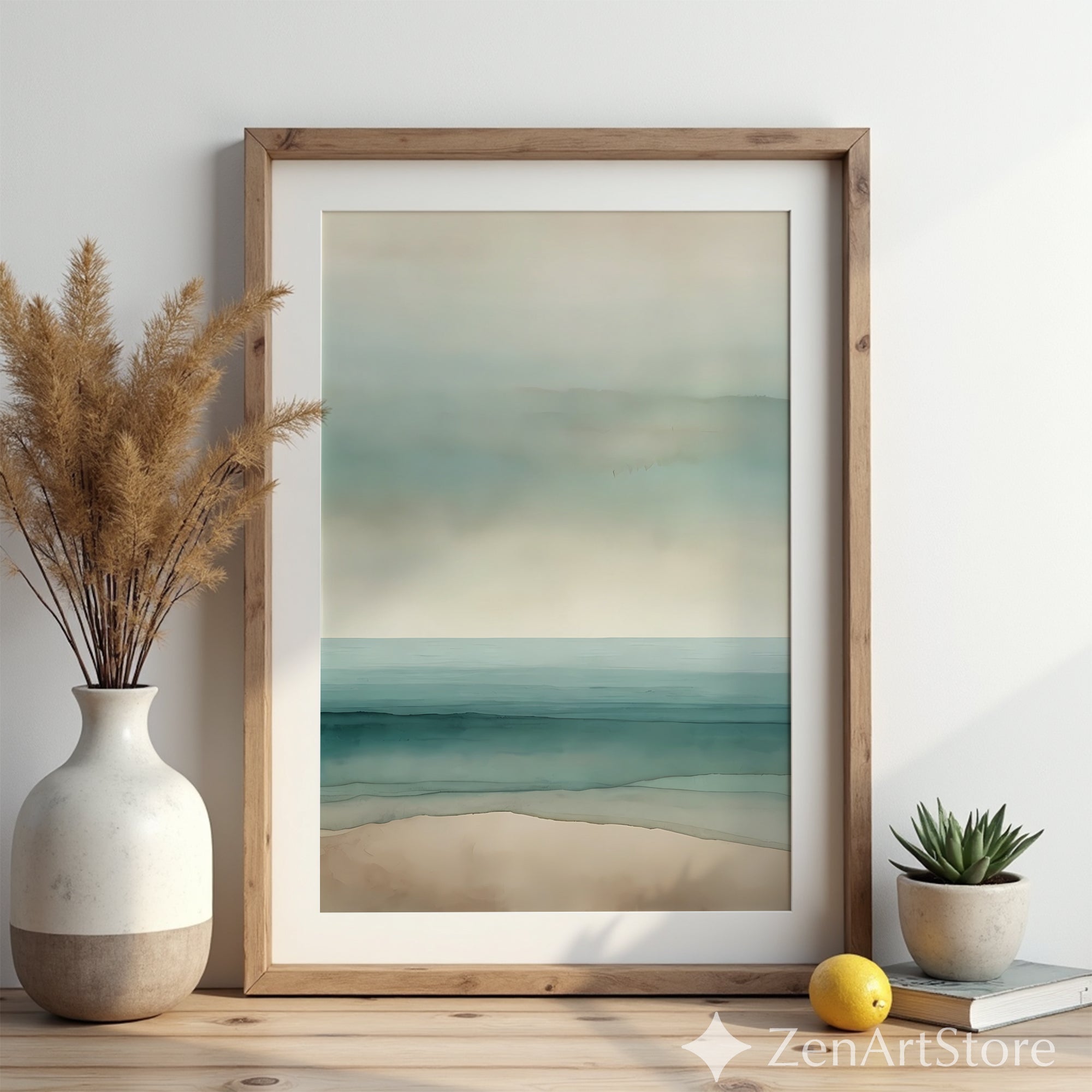 Minimal Coastal Seascape Print - Soft Teal & Beige Abstract Beach Wall Art, Zen Japandi Scandinavian Neutral Home Decor