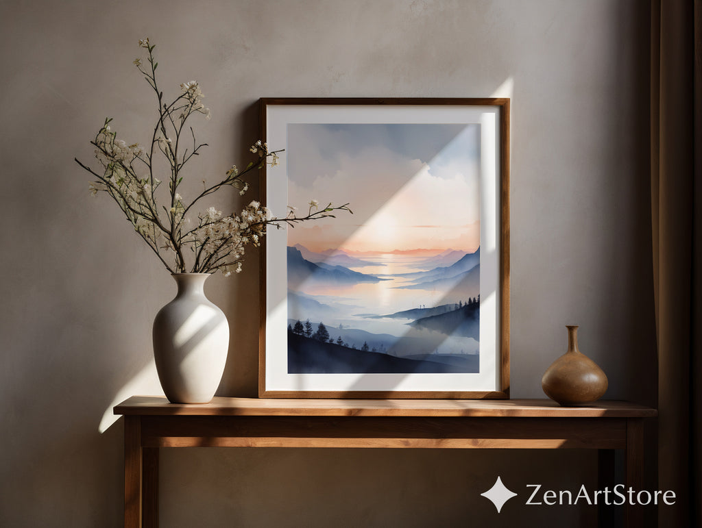 Misty Mountain Sunrise Wall Art Print - Calm Japandi Landscape Minimal Zen Home Decor