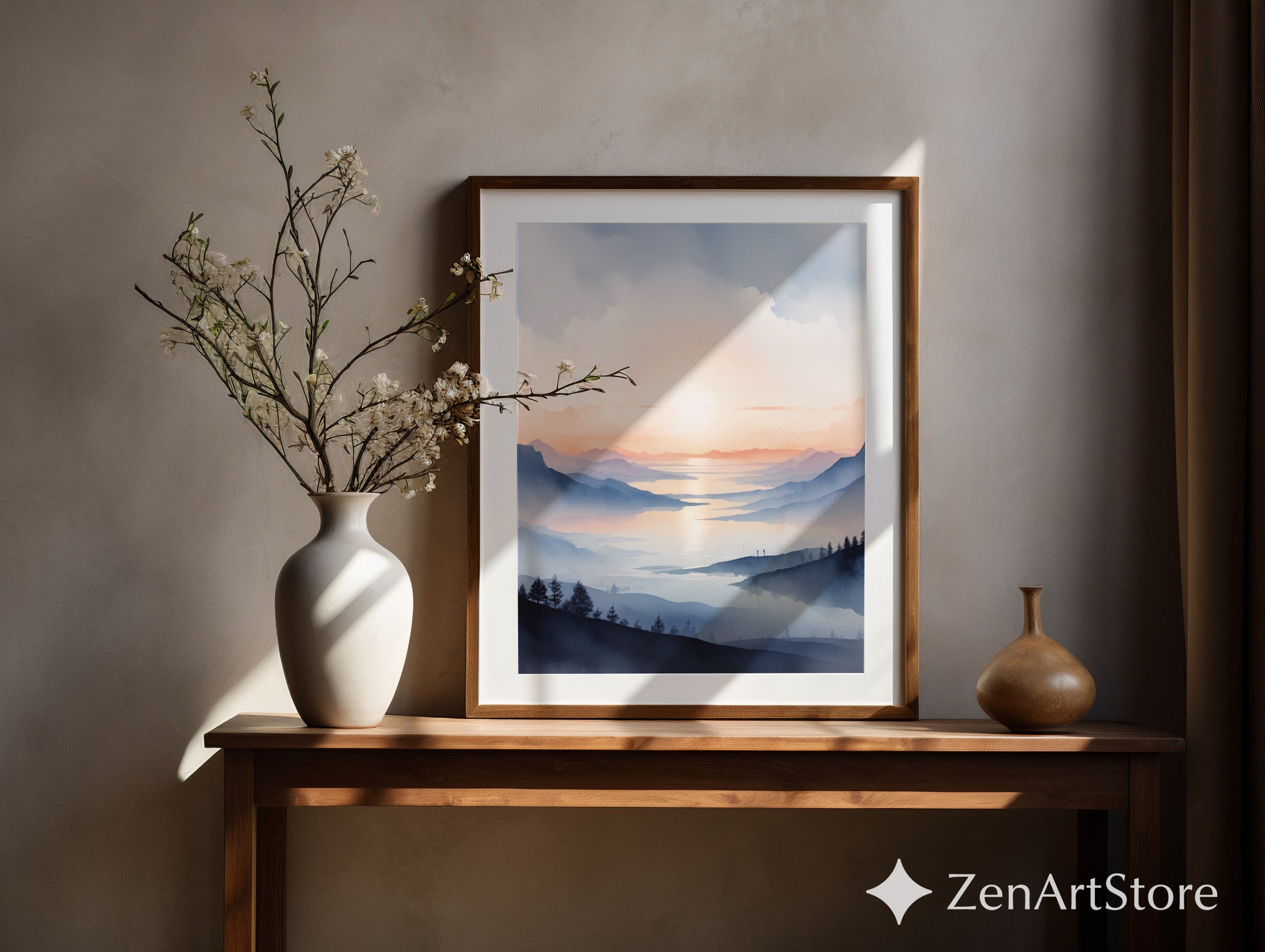 Misty Mountain Sunrise Wall Art Print - Calm Japandi Landscape Minimal Zen Home Decor