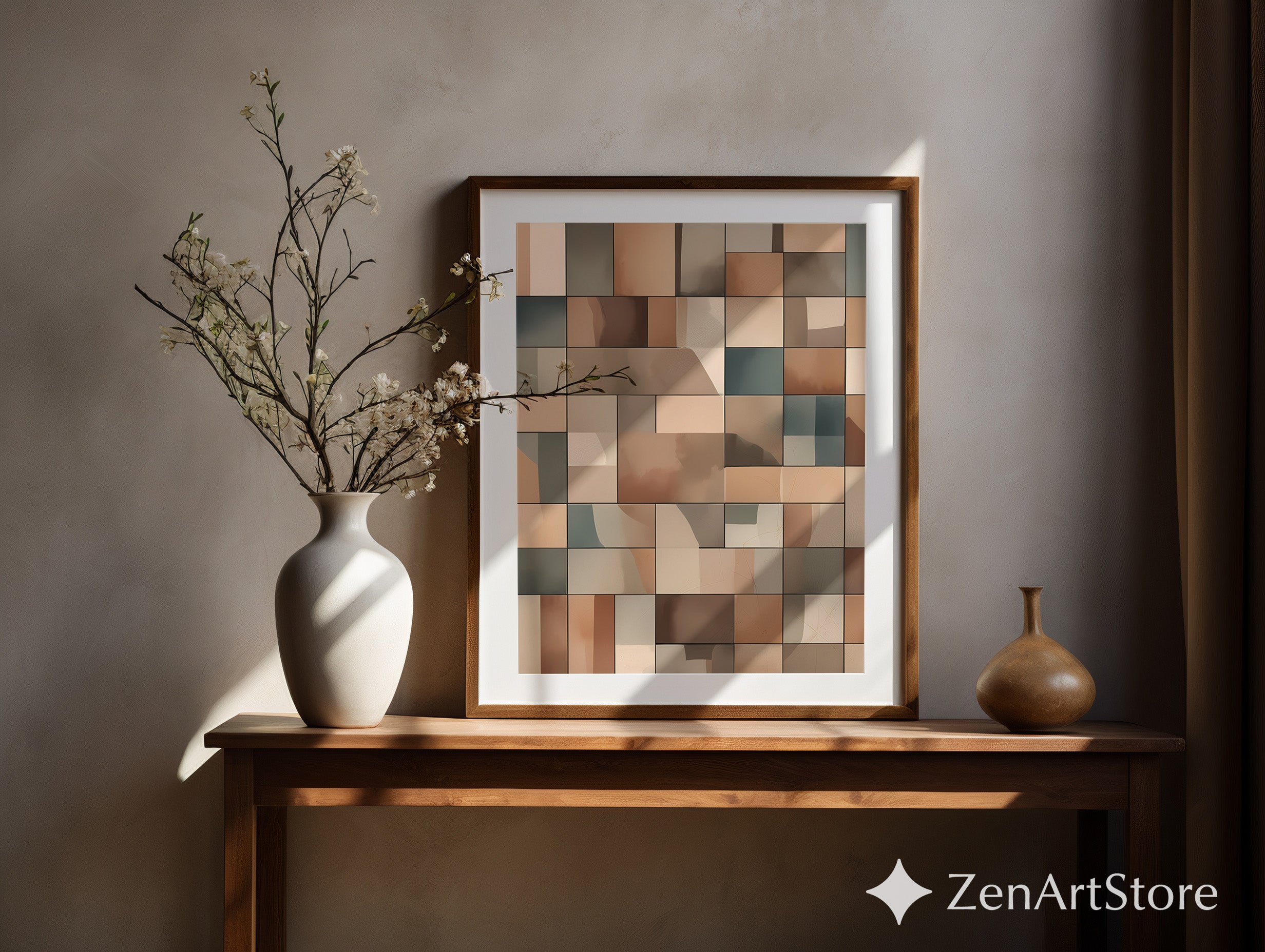 Neutral Geometric Wall Art Beige Brown Abstract Tiles Modern Minimalist Home Decor