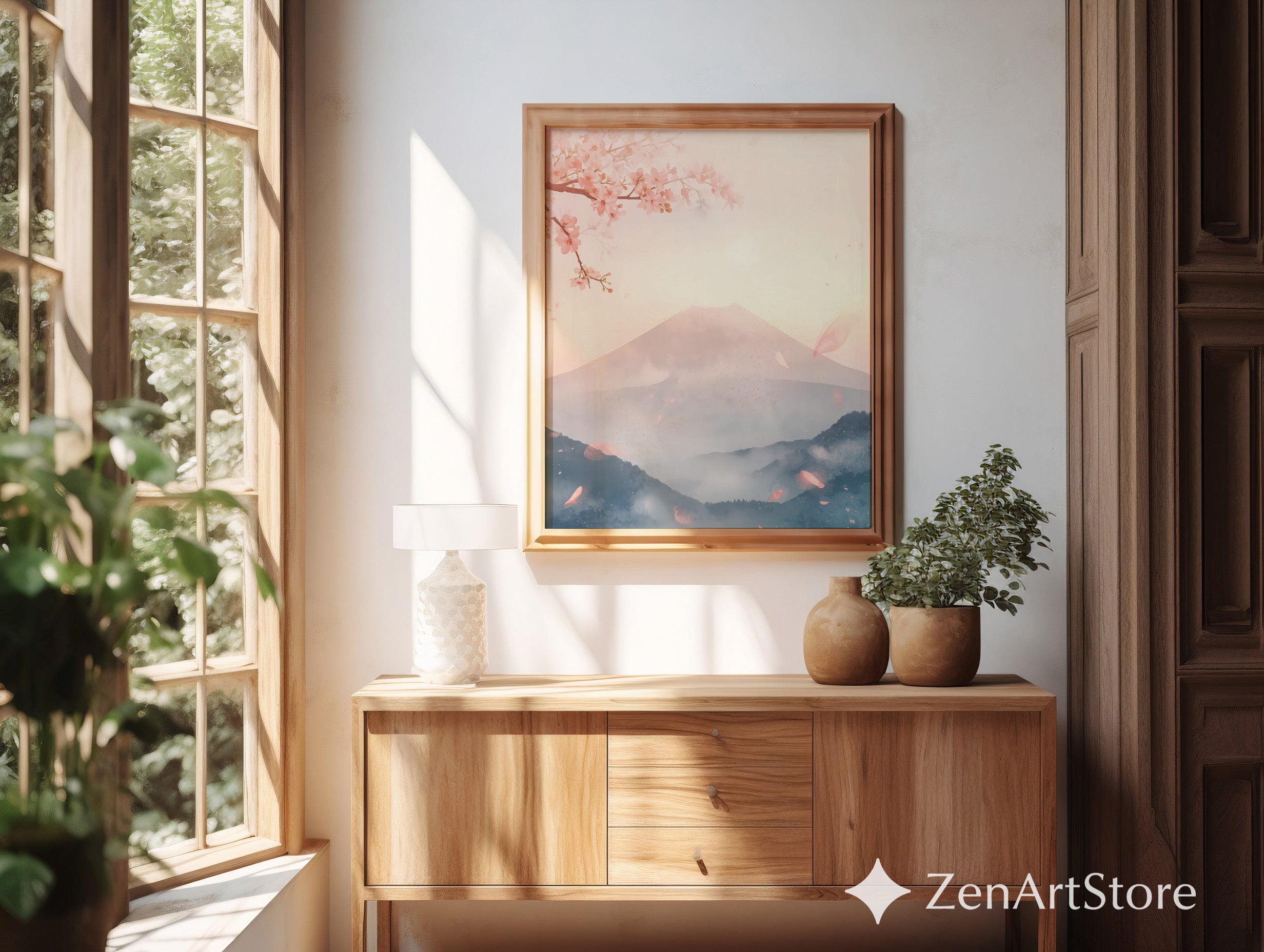 Sakura Mist Pastel Japanese Mountain Wall Art - Cherry Blossom Zen Print for Living Room, Japandi Minimal Home Decor