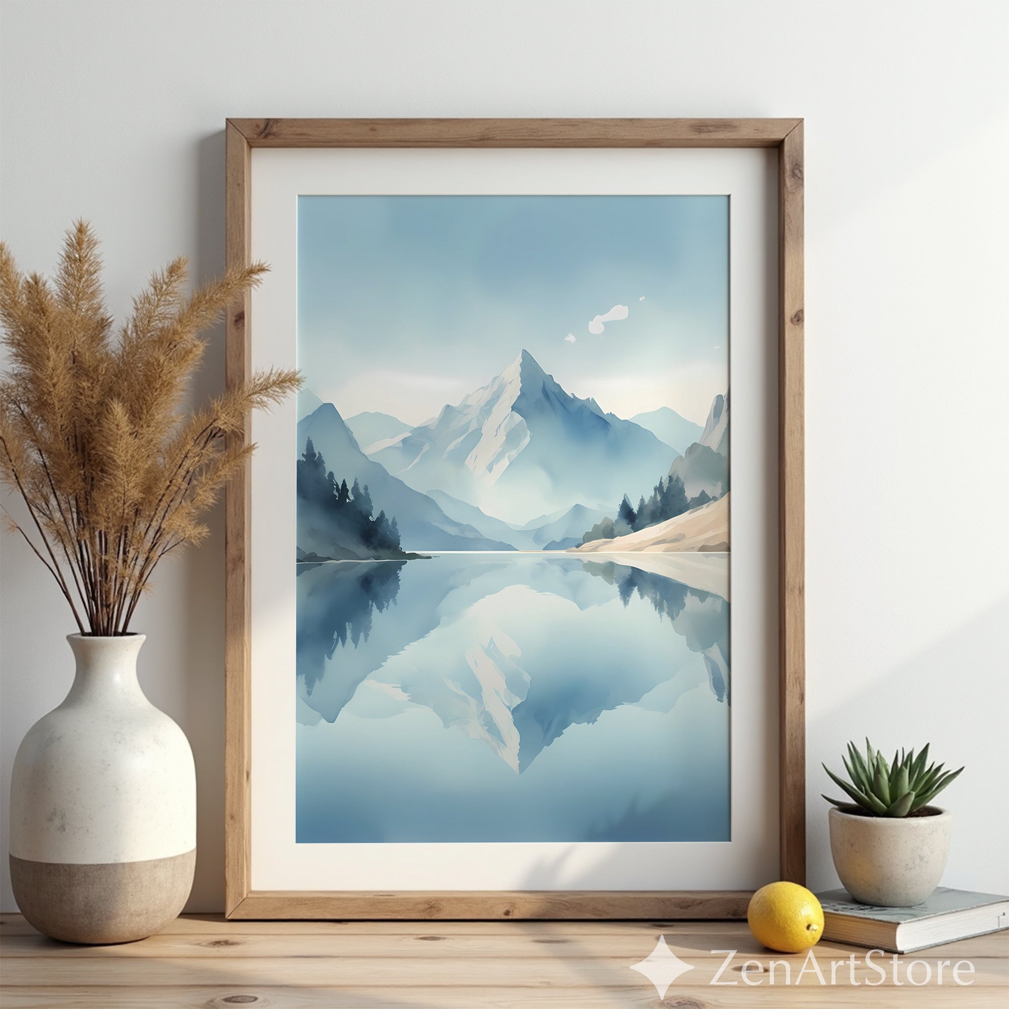Calm Mountain Lake Wall Art Print - Minimal Blue Landscape Reflection, Scandinavian Zen Home Decor, Japandi Neutral Poster