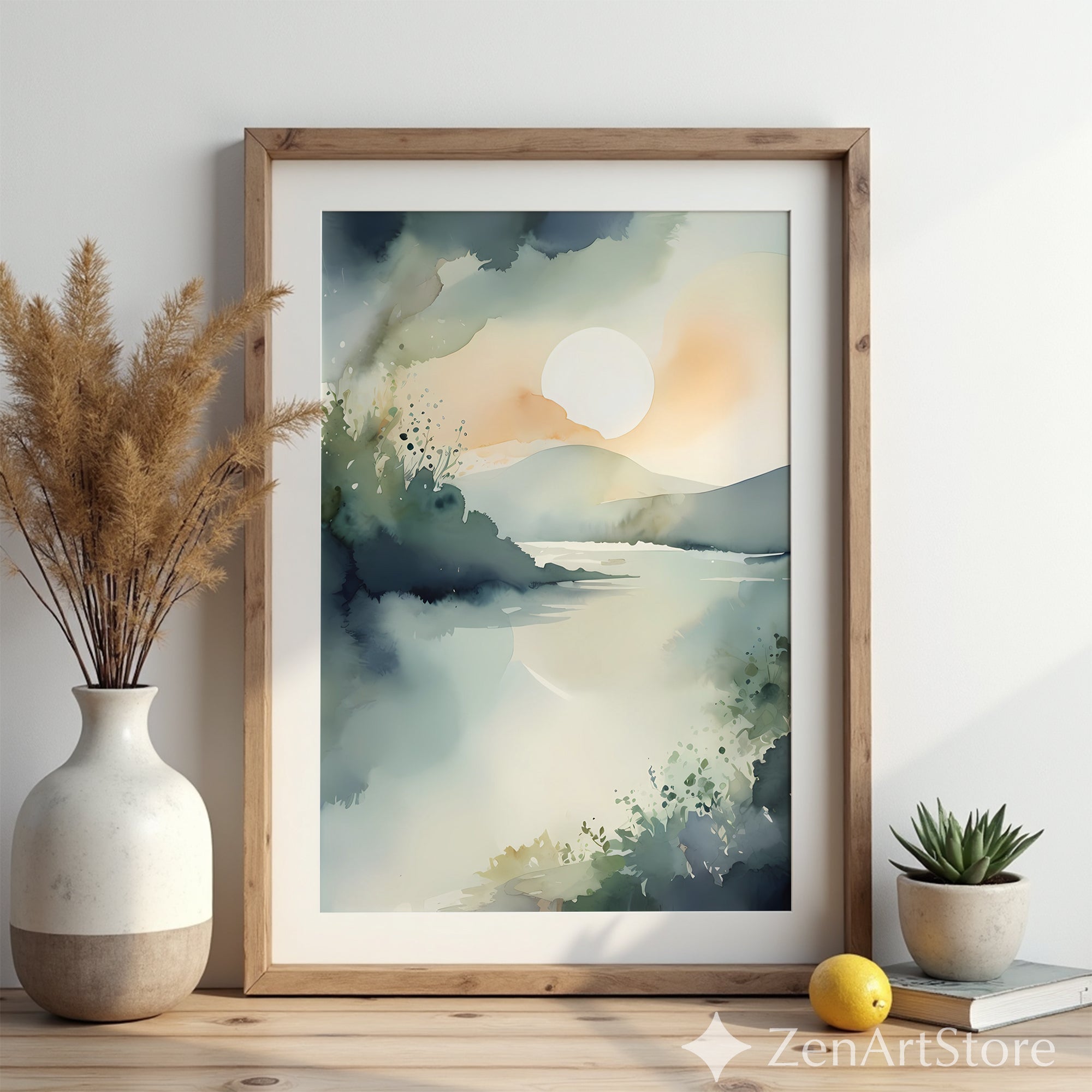 Calm Sunrise Watercolor Landscape Print - Minimal Zen Lake Art for Neutral Home Decor, Japandi Scandinavian Wall Art
