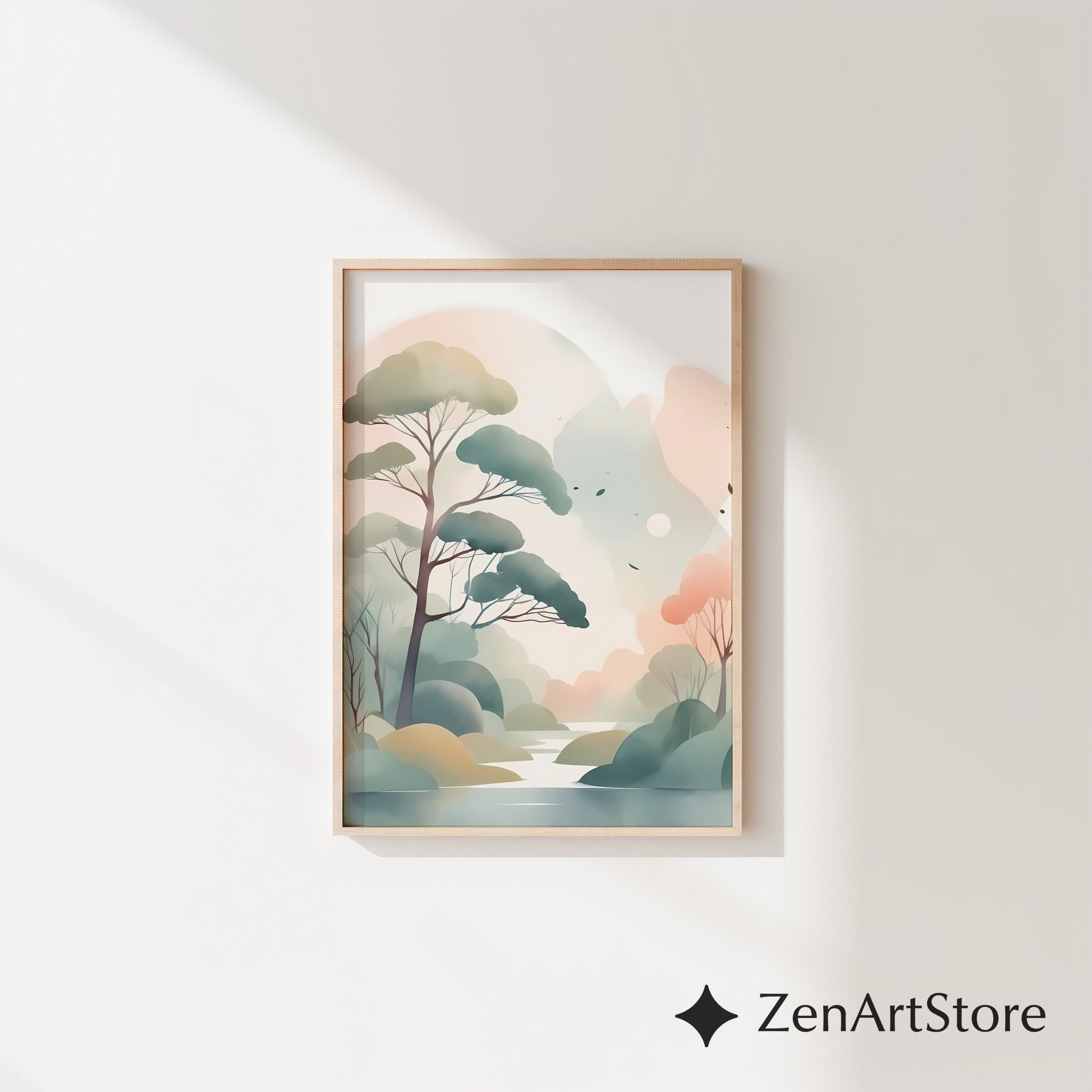 Serene Pastel Landscape Wall Art - Minimal Japandi Tree Print, Neutral Scandinavian Zen Botanical for Living Room & Bedroom